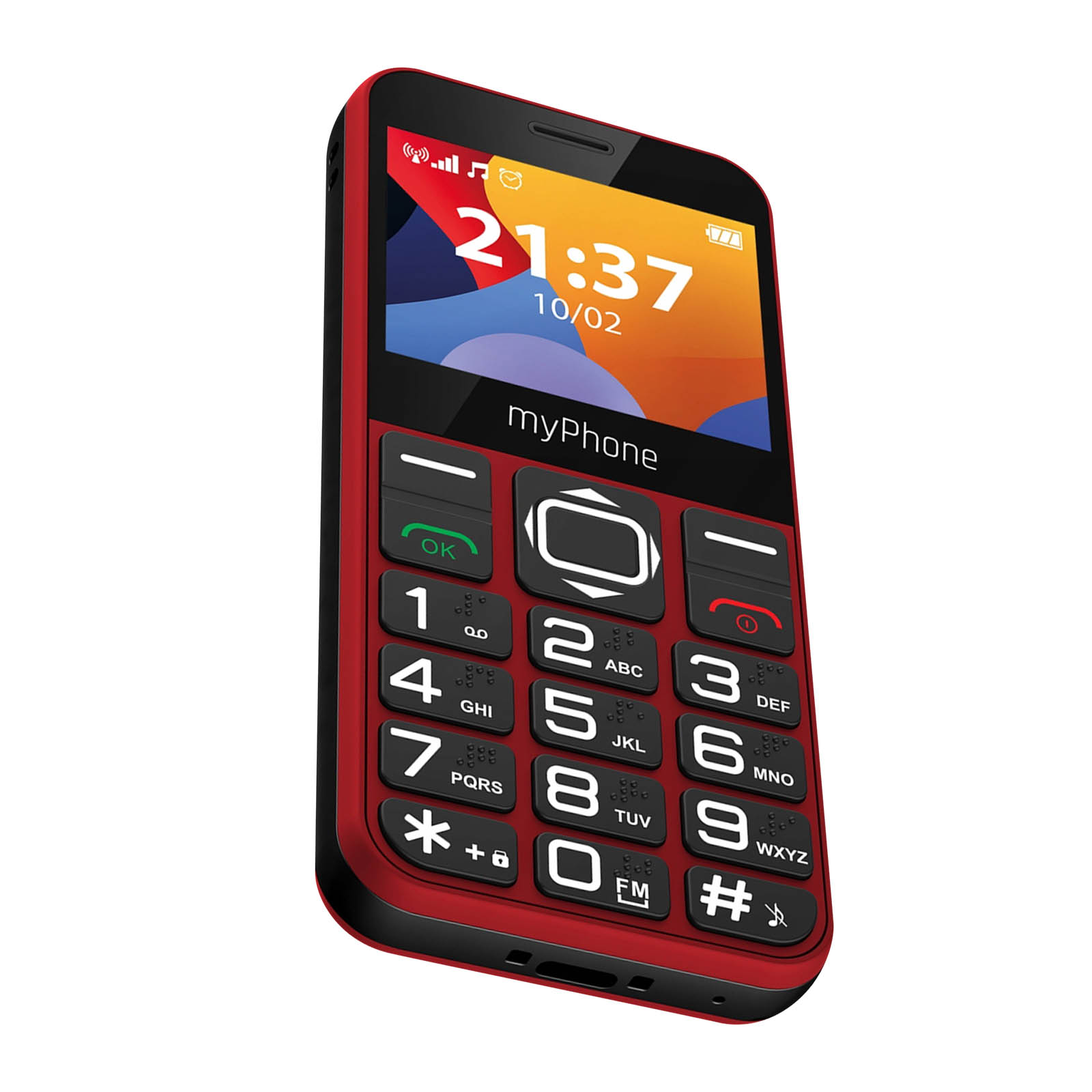 Rotes und schwarzes Mobiltelefon mit großen Tasten und Anzeige von Uhrzeit und Datum.