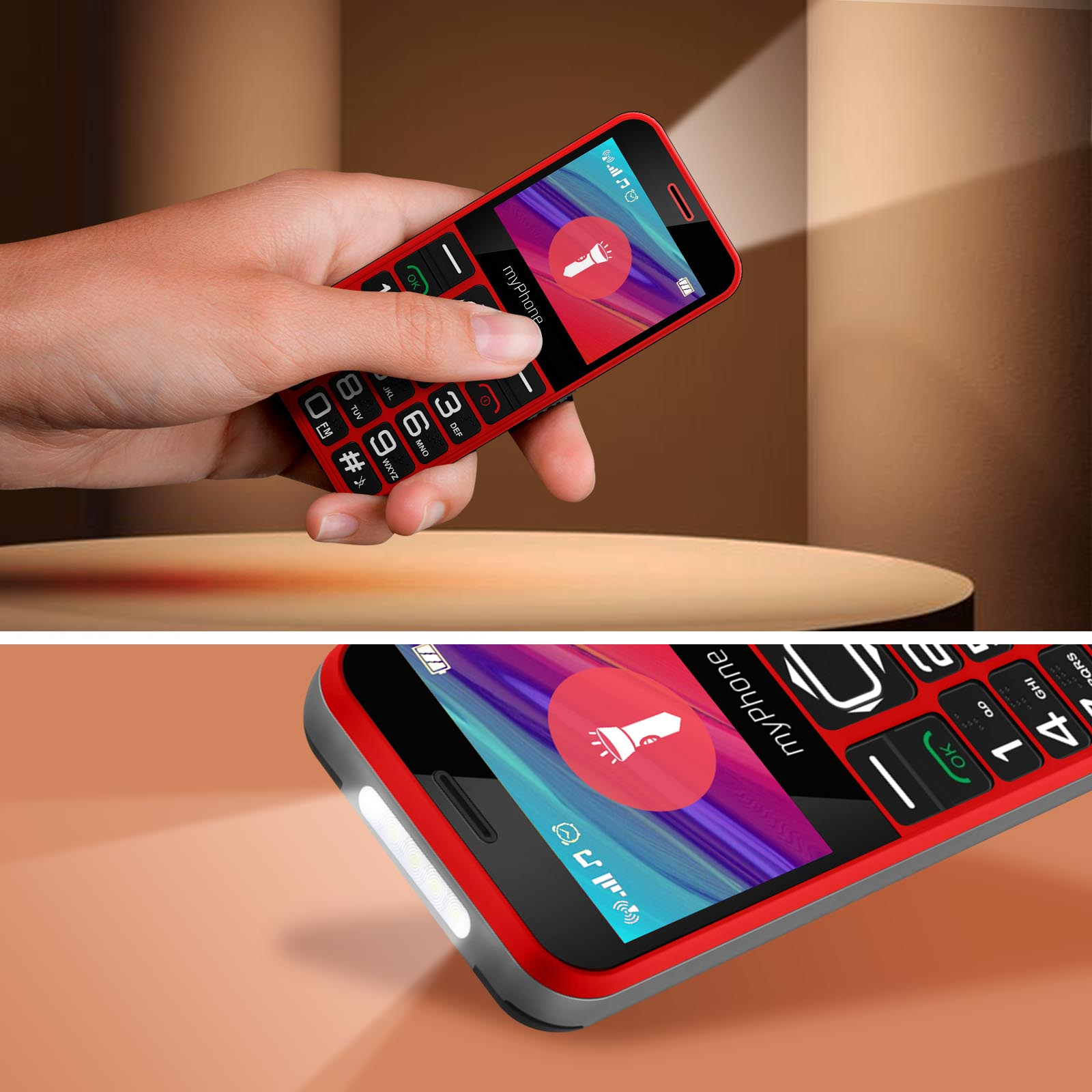 Eine Person hält ein rotes Mobiltelefon. Der Telefonbildschirm ist eingeschaltet, mit einem Taschenlampensymbol.