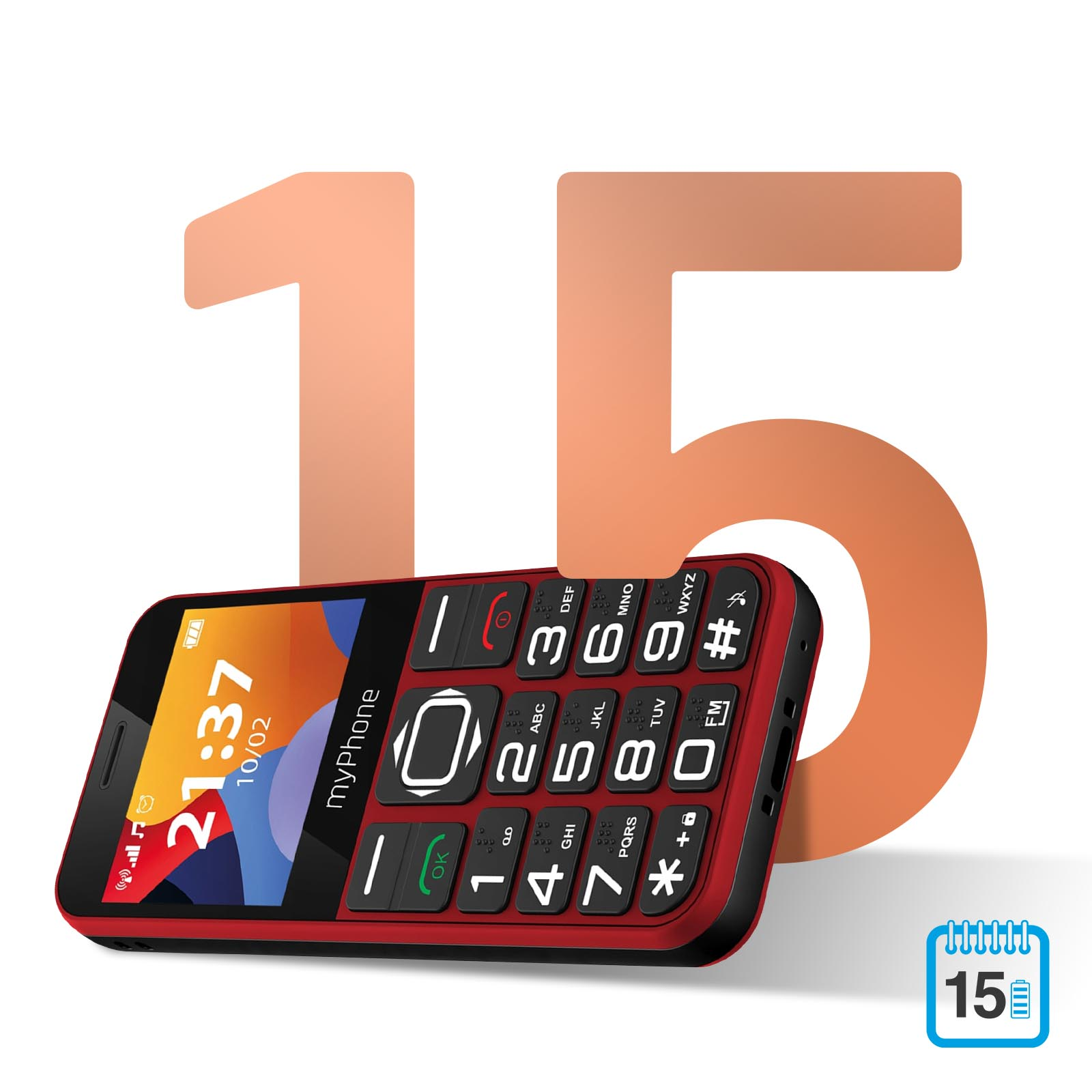Ein rotes myPhone mit großen Tasten und eine große Zahl 15 daneben auf weißem Hintergrund.