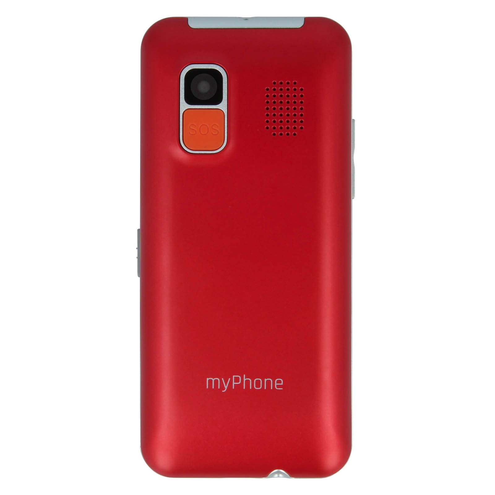 Rotes Klapphandy, Rückansicht, mit SOS-Taste, Kamera und Lautsprecher, myPhone-Logo unten.