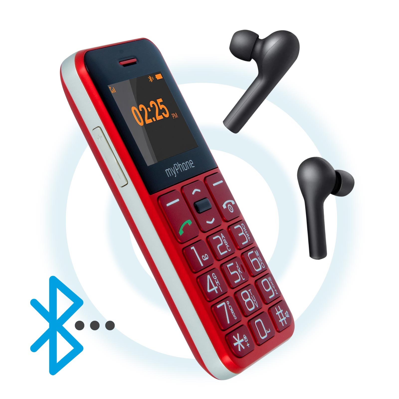 Ein rot-schwarzes myPhone mit Tastatur und zwei schwarzen Ohrhörern. Bluetooth-Symbol vorhanden.