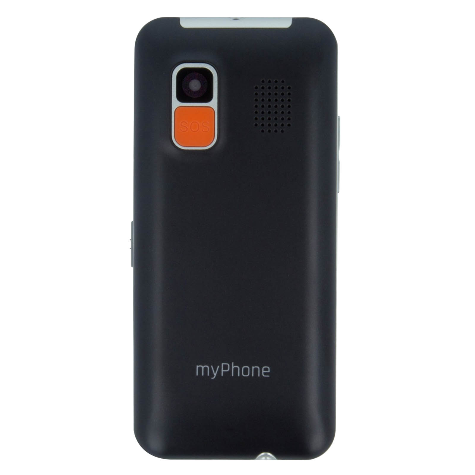 Teléfono myPhone negro con cámara y botón SOS en la parte trasera. El teléfono tiene un diseño sencillo.