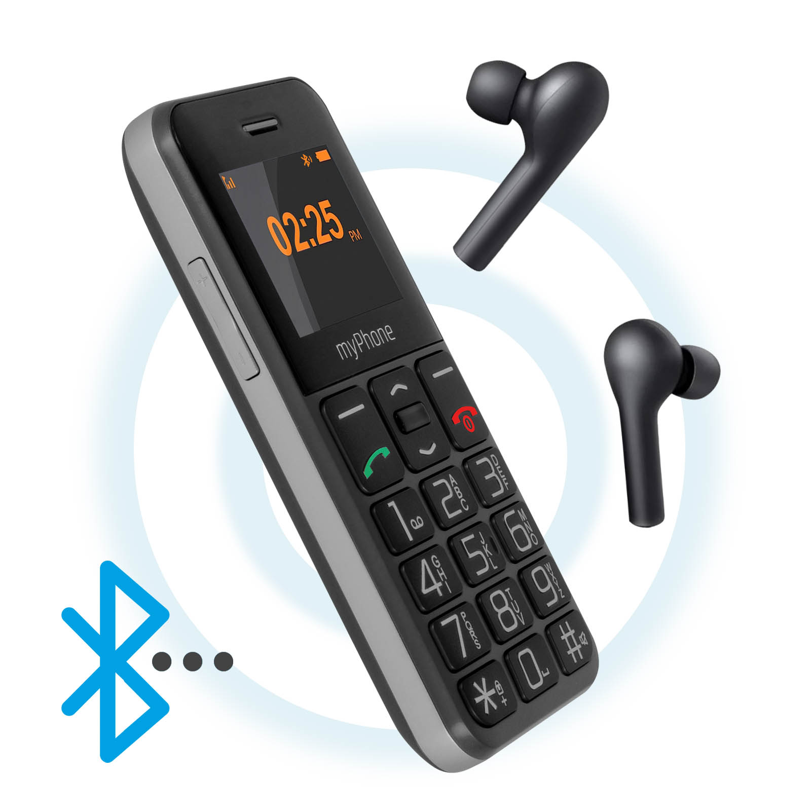 Teléfono móvil negro con auriculares y símbolo Bluetooth, fondo blanco.