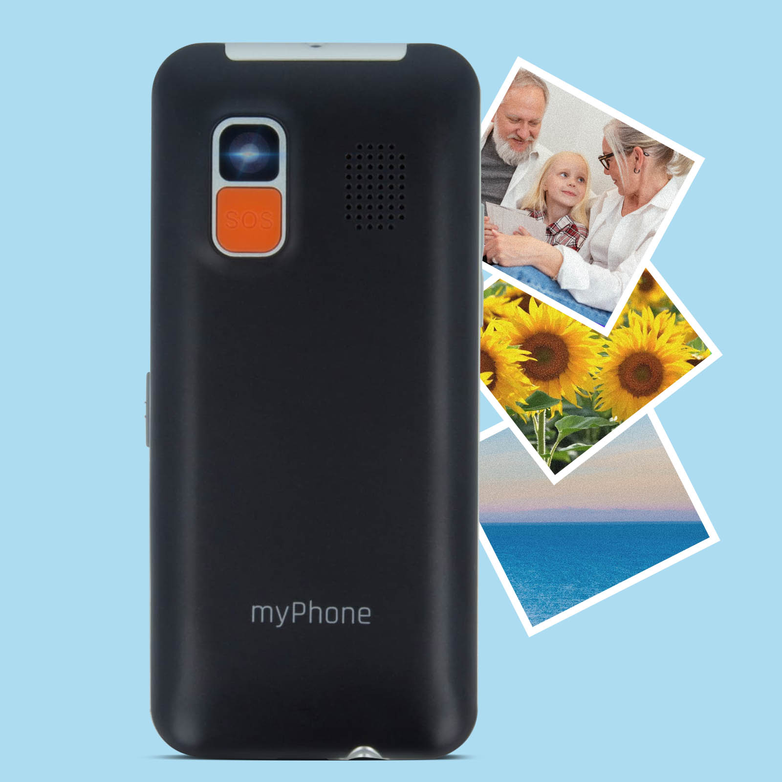 Parte trasera de smartphone negro con botón SOS e imágenes de familia, girasoles y mar azul.