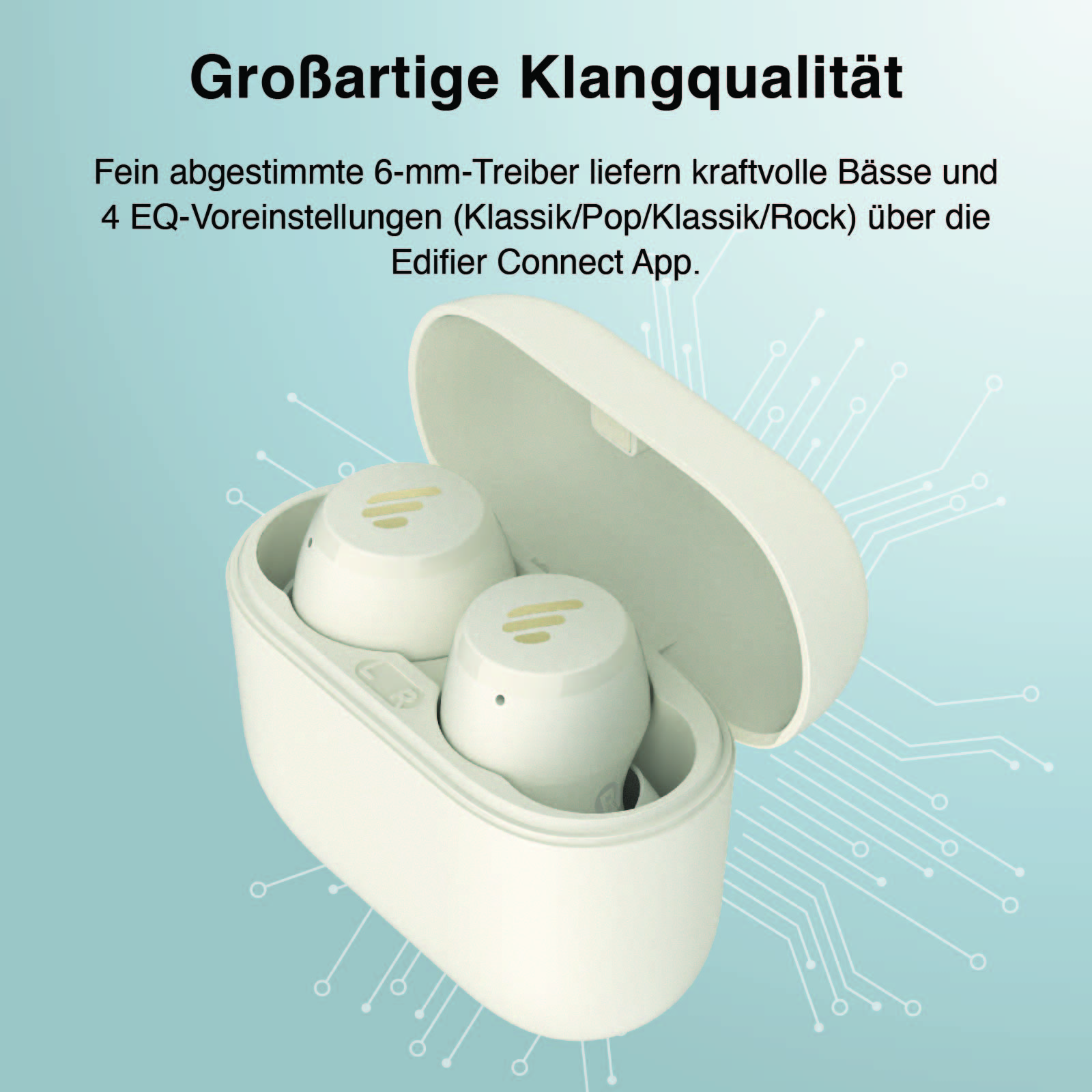 Auricolari wireless nella loro custodia di ricarica, con sfondo blu.