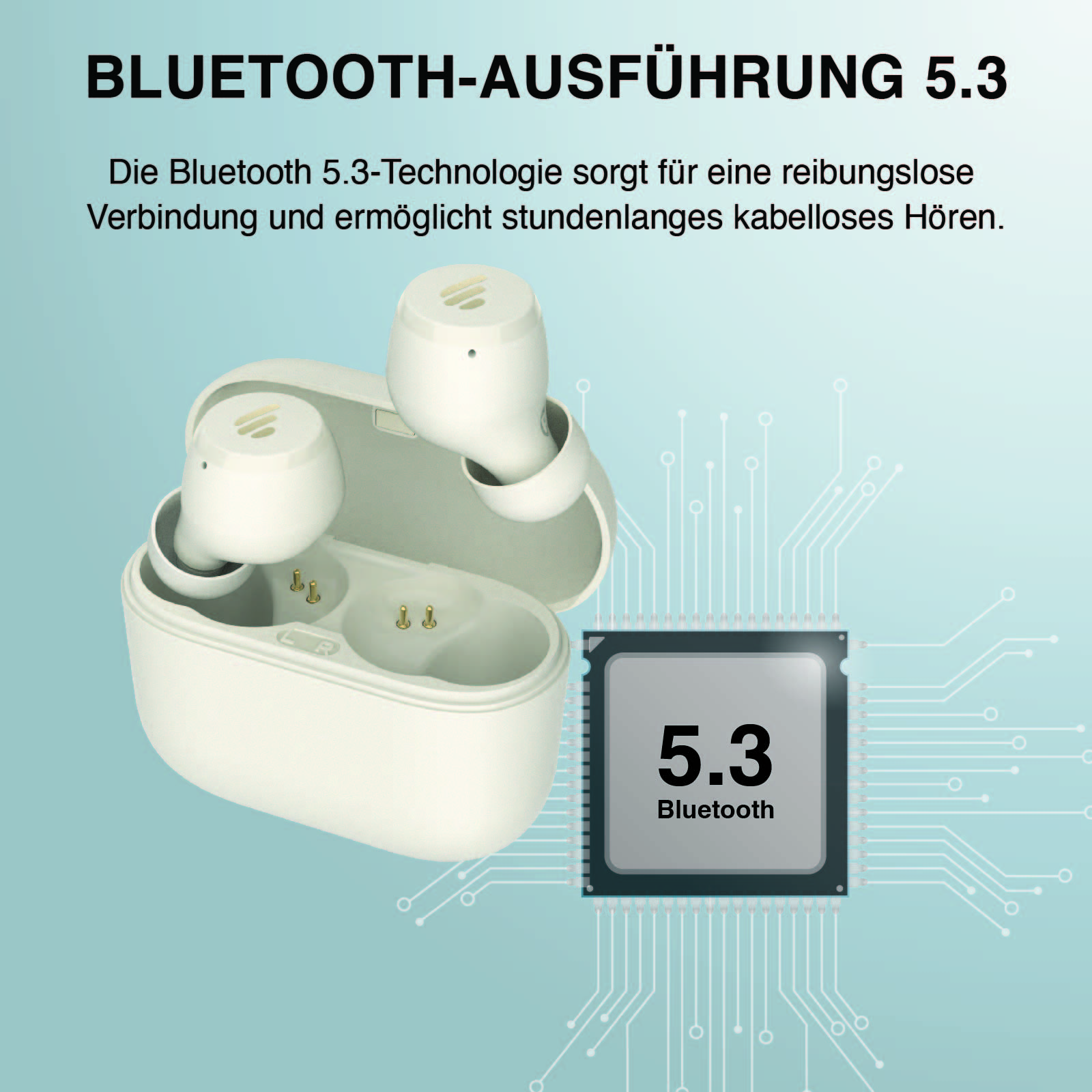 Auricolari con custodia. Un grafico a chip nell'angolo con il testo 5.3 Bluetooth.