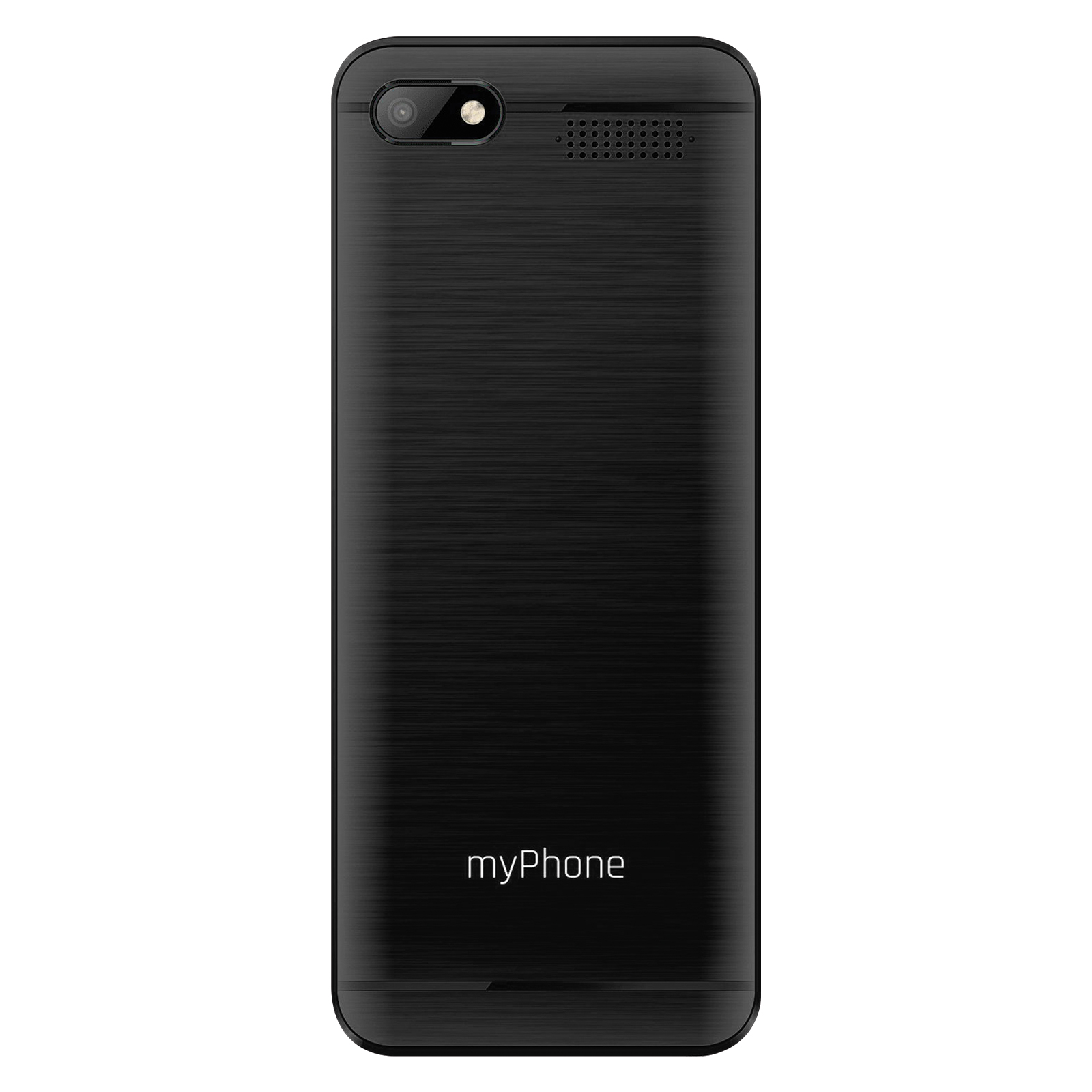 Rückseite eines schwarzen Smartphones mit Kamera, Lautsprecher und dem Namen myPhone.