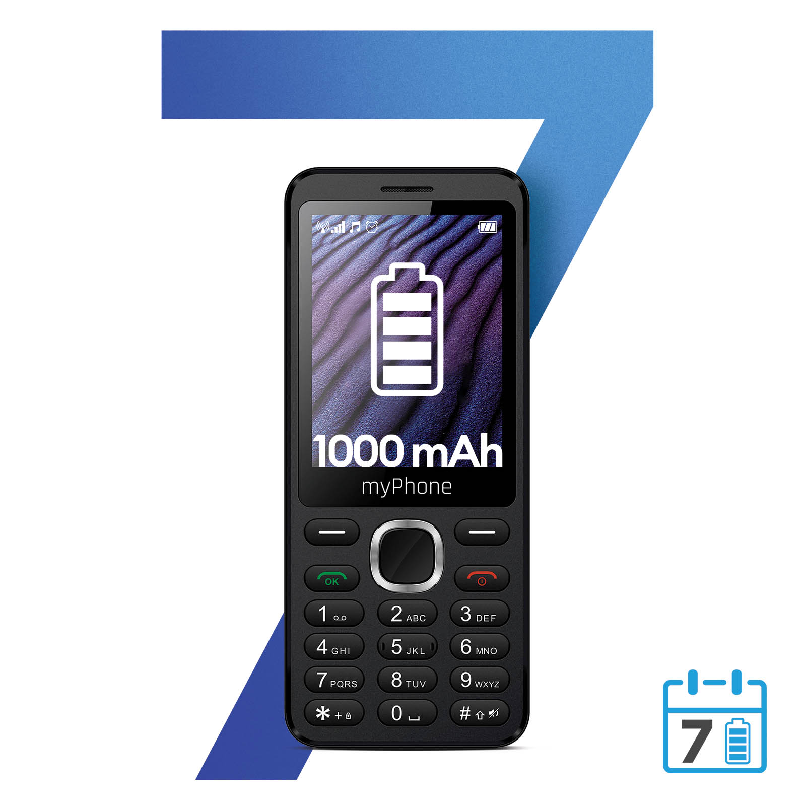Schwarzes Mobiltelefon mit Akkuanzeige und Text '1000 mAh myPhone' vor blauem Hintergrund.