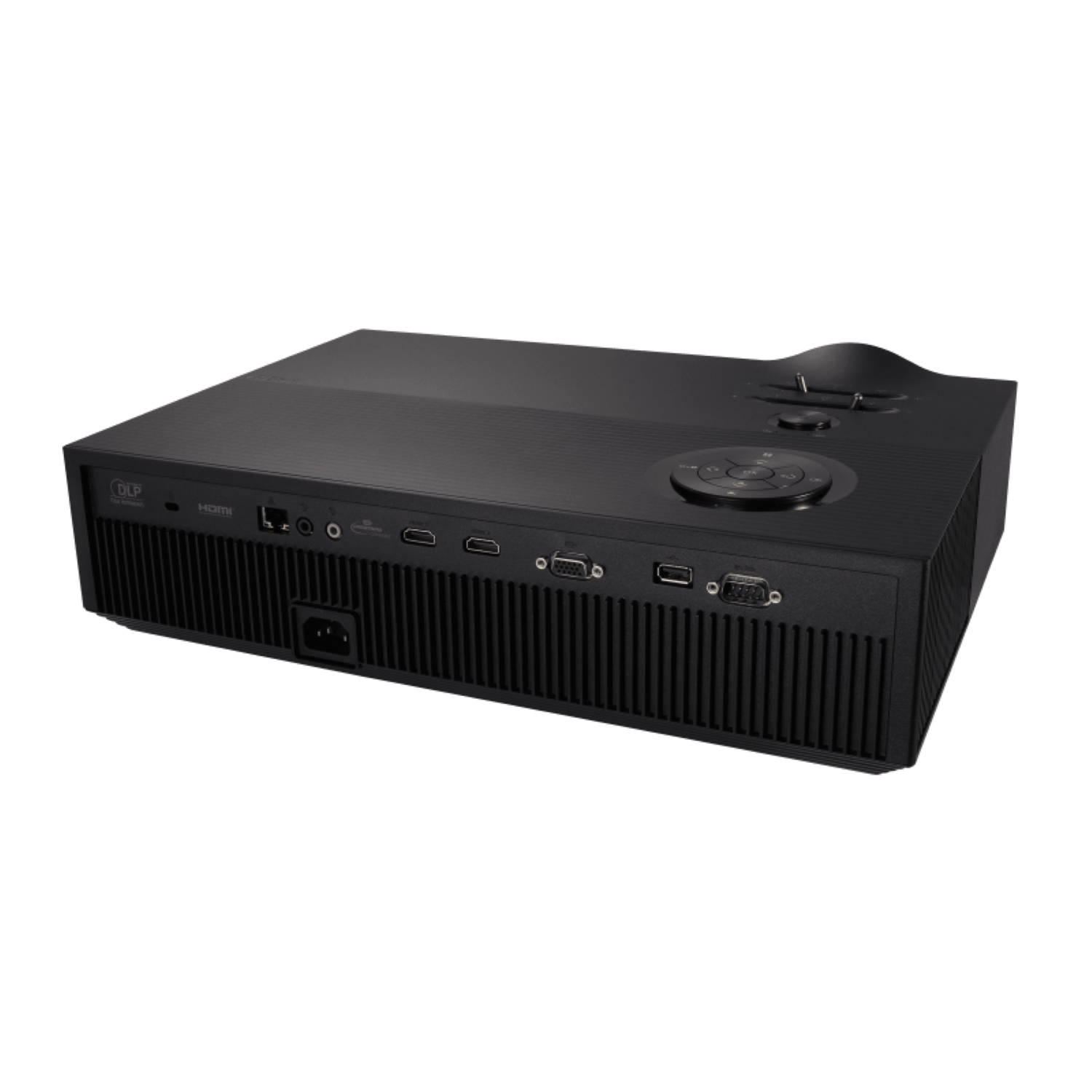 Czarny projektor na czarnej powierzchni. Z tyłu znajdują się porty i przyciski. Widoczne logo DLP.