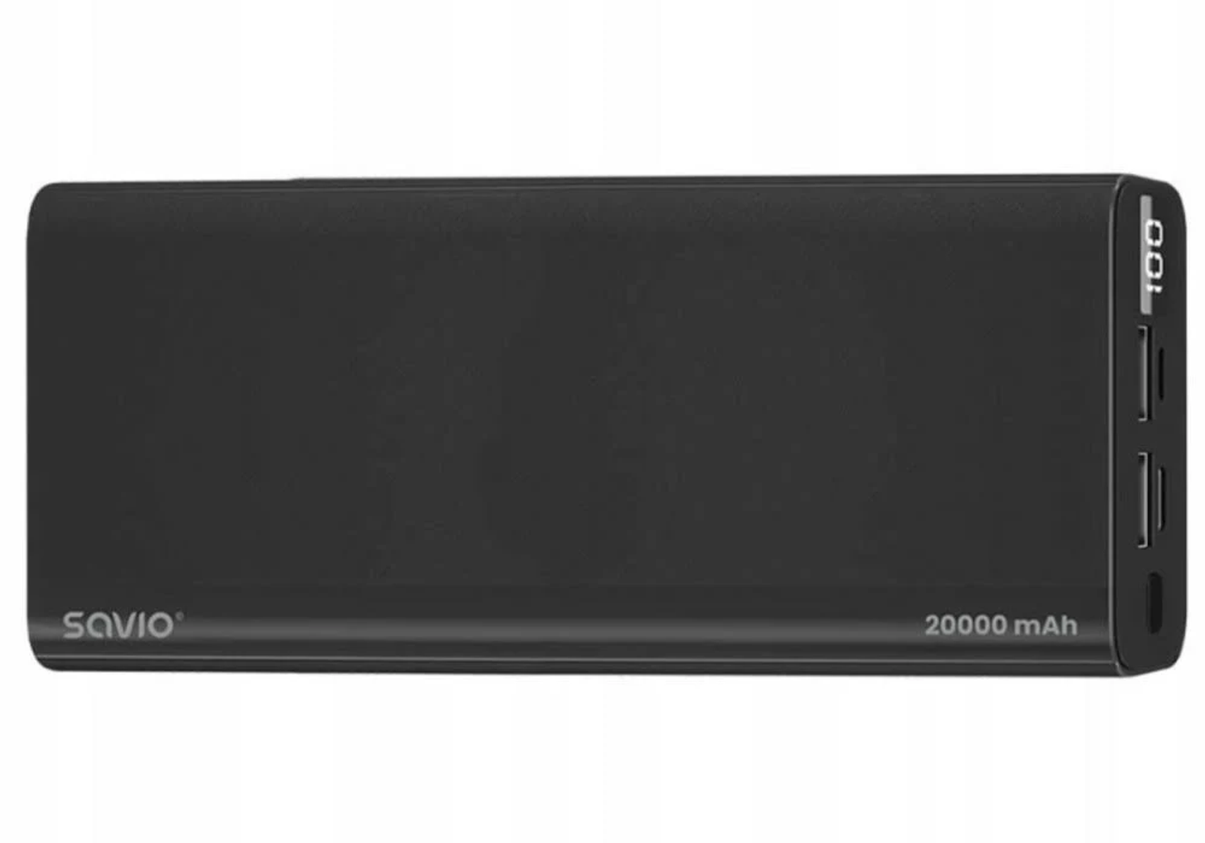 Czarny power bank. Ma logo Savio i pokazuje 100% baterii. Tło białe.