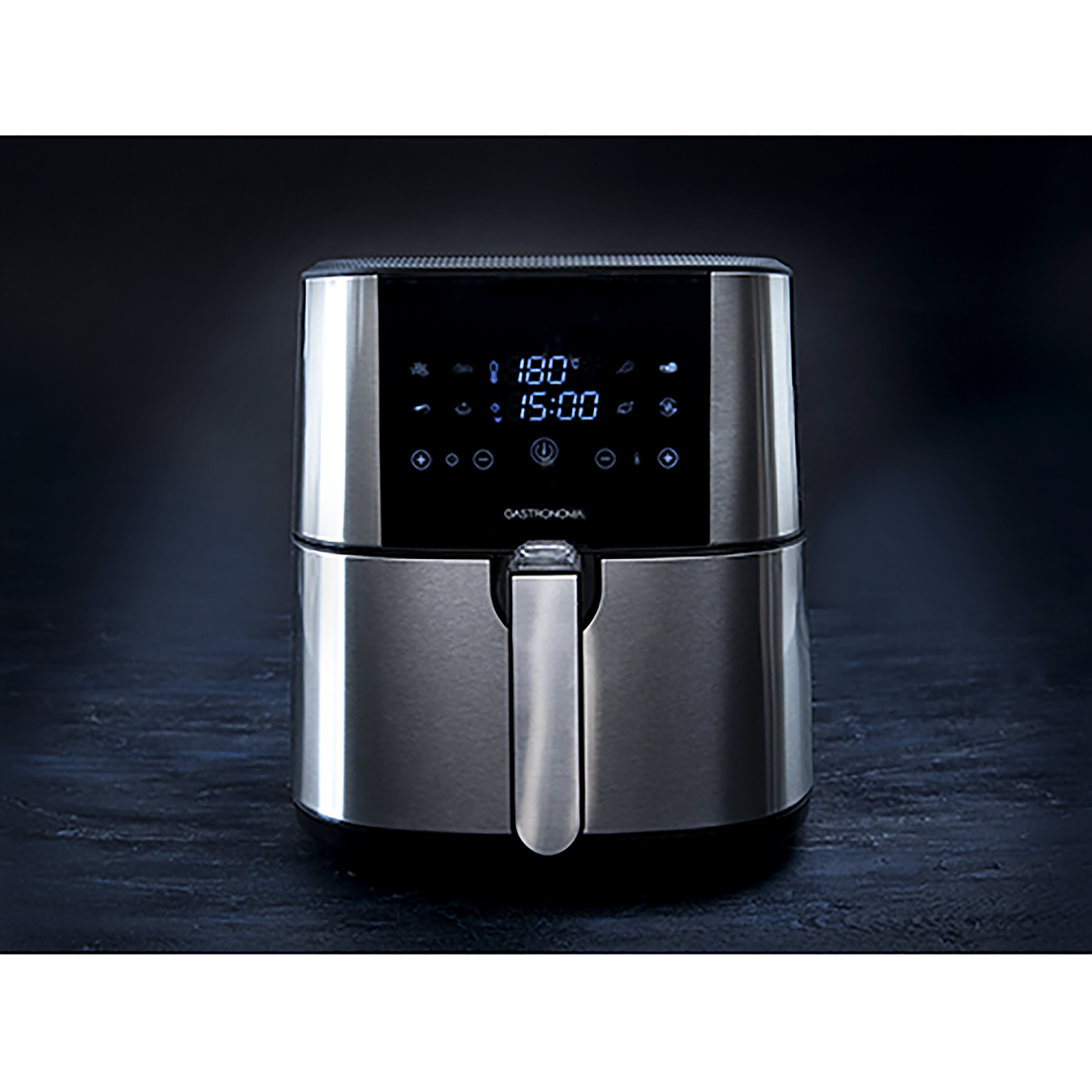 Frytownica beztłuszczowa ze stali nierdzewnej z cyfrowym wyświetlaczem ustawień.