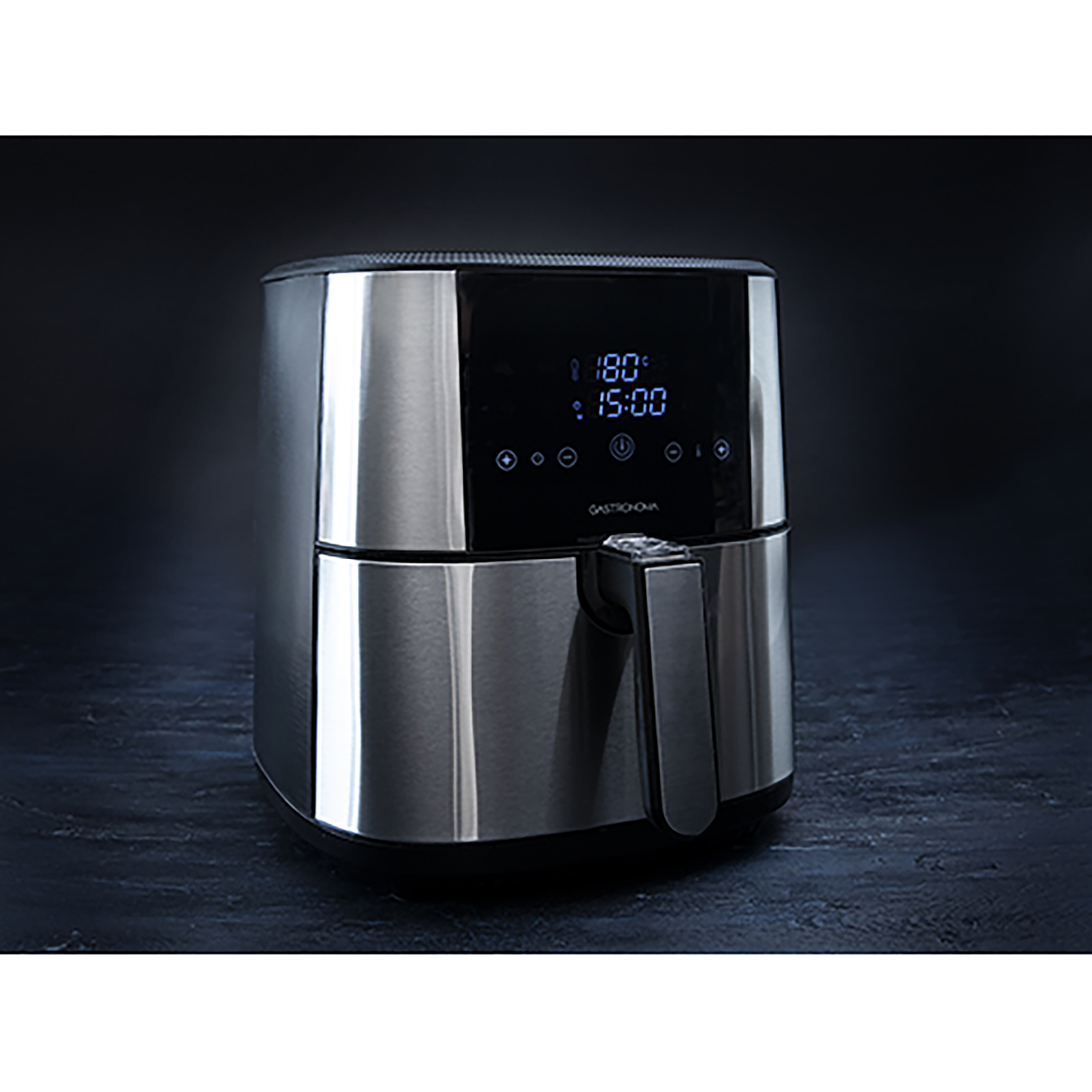 Metalowa frytkownica powietrzna z cyfrowym wyświetlaczem czasu i temperatury, na ciemnym, teksturowanym tle.