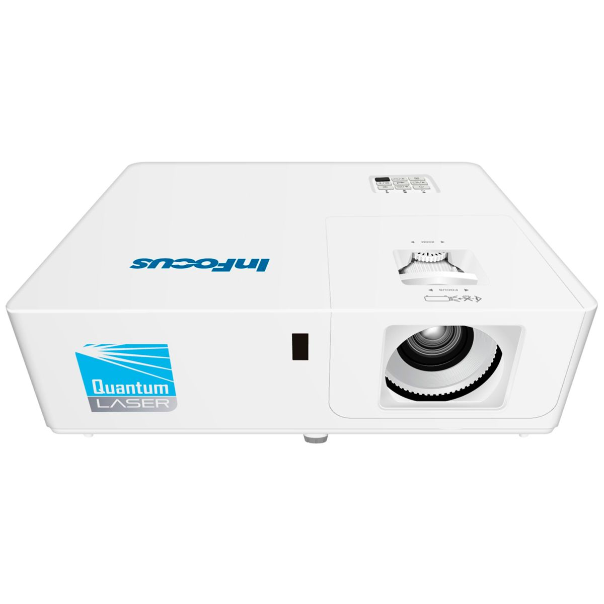 Biały projektor InFocus. Widoczne logo InFocus, projektor posiada obiektyw i wentylację.