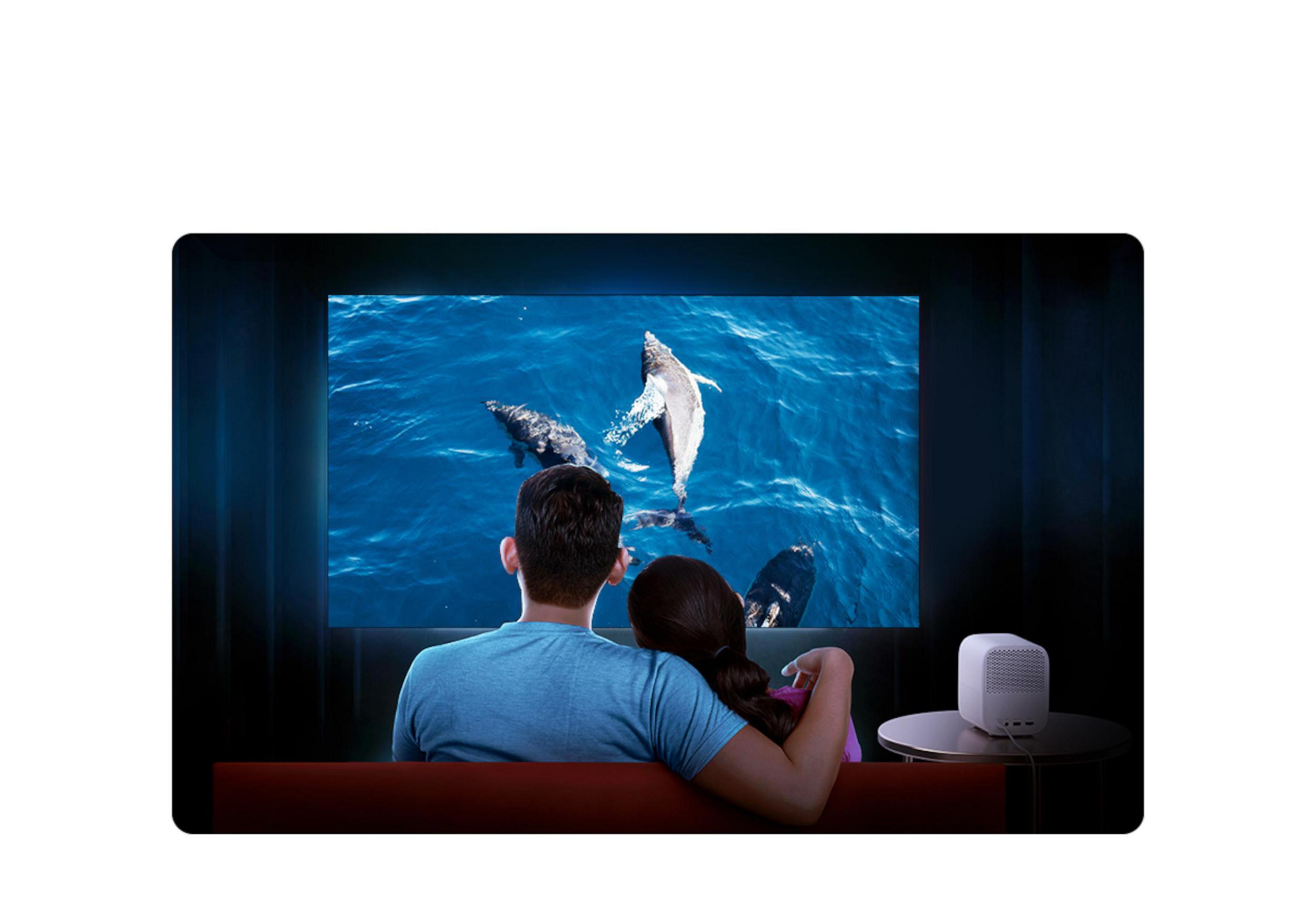 Para ogląda film o delfinach. W pobliżu stoi biały głośnik.