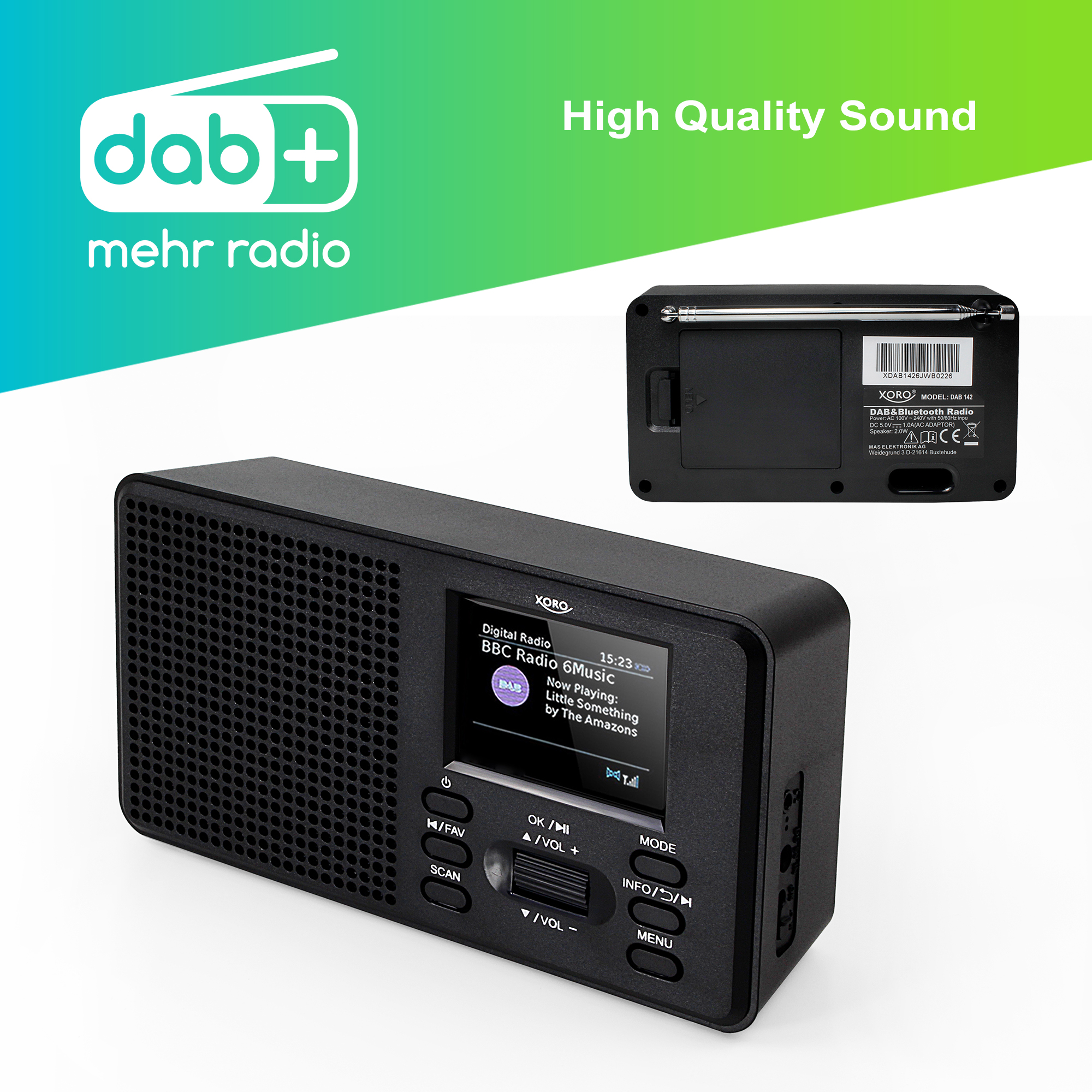 XORO XORO DAB 142 - Digitalradio UKW/DAB+ Bluetooth Wecker RDS-Funktion DAB, Empfang Schwarz Bluetooth, Senderspeicher FM, DAB+, Tragbares Radio