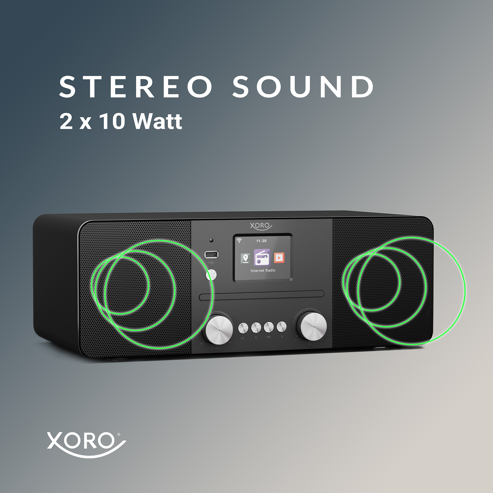 Czarny zestaw stereo z dwoma głośnikami i ekranem pośrodku. Tekst mówi: Dźwięk stereo 2 x 10 W.