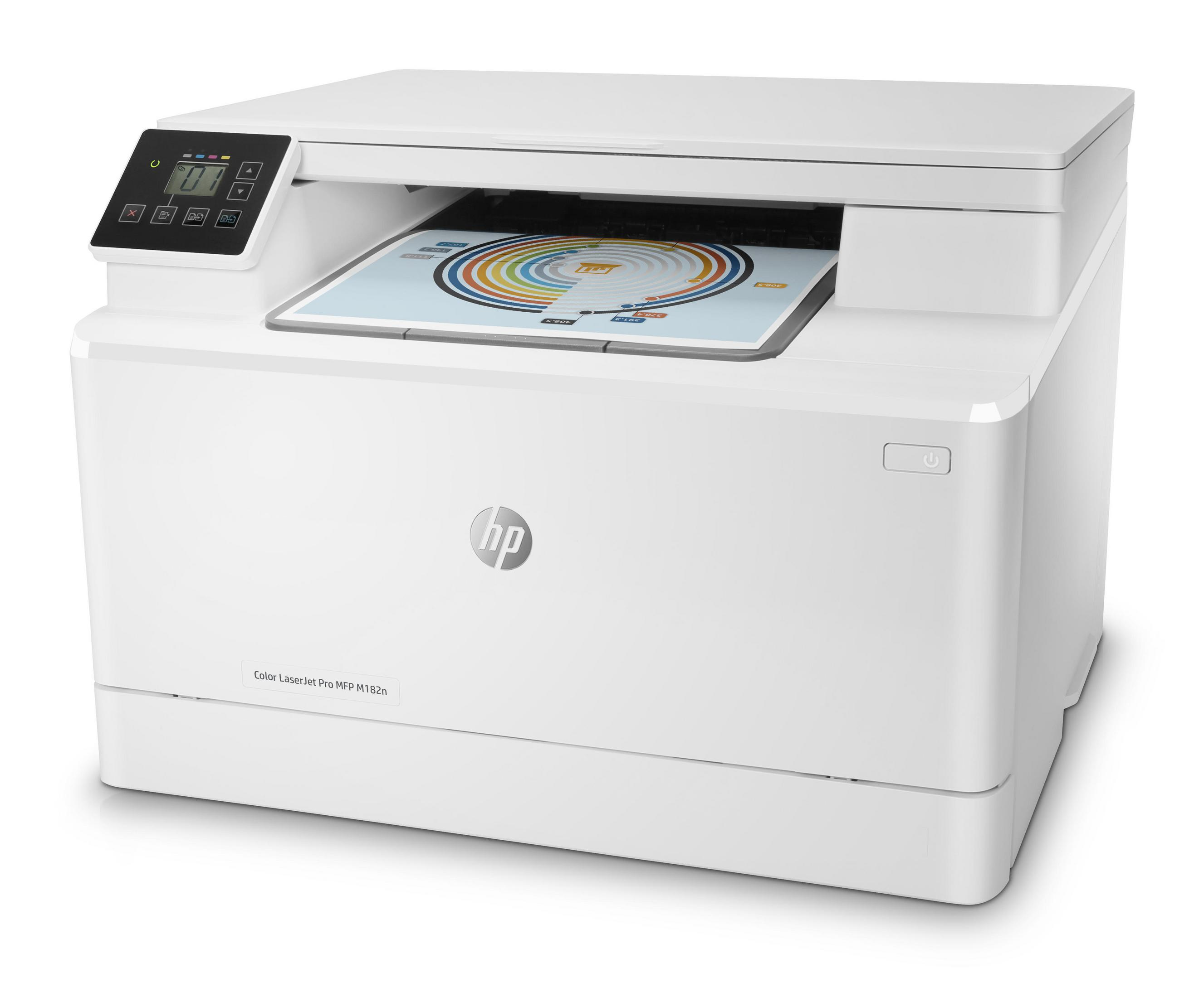 Une imprimante HP blanche avec un document affiché sur le bac supérieur et un panneau de commande sur le côté gauche.