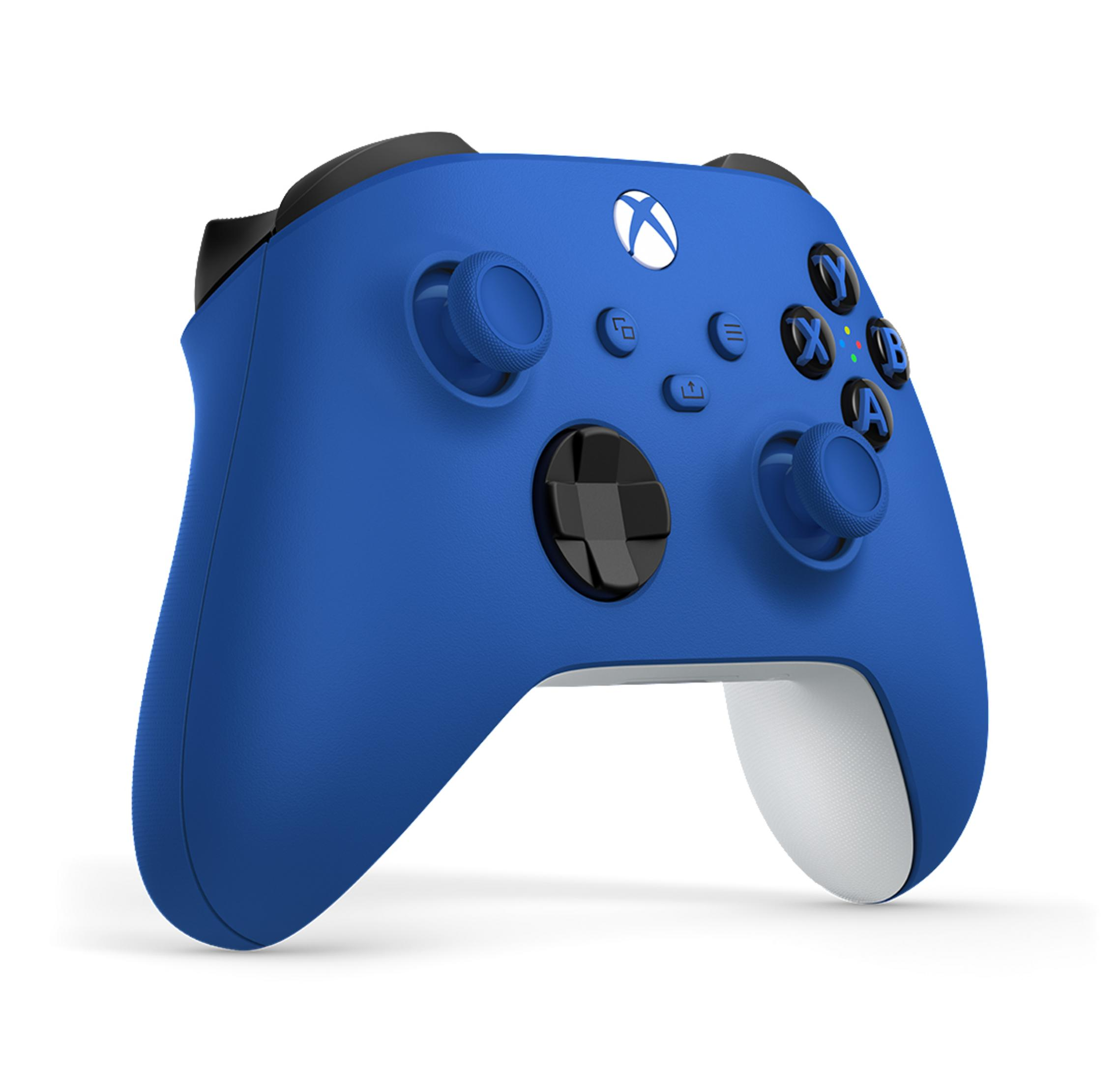 Blauer Xbox-Controller mit schwarzen Tasten und weißen Griffen.