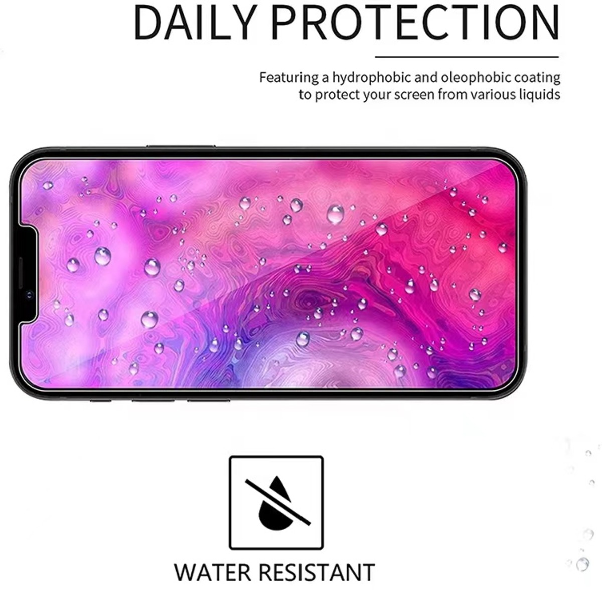 Ein Handy-Displayschutz mit Wassertropfen. Oben steht 'DAILY PROTECTION', unten 'WATER RESISTANT'.