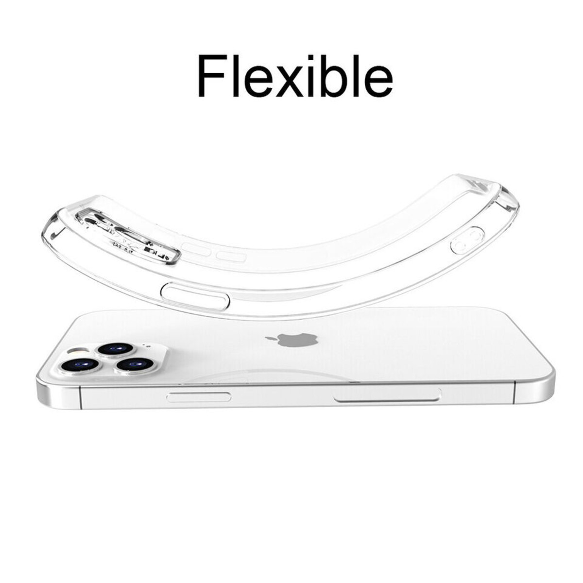 Flexibler, klarer Handyhülle über einem Handy, weißer Hintergrund, Text: 'Flexible'.