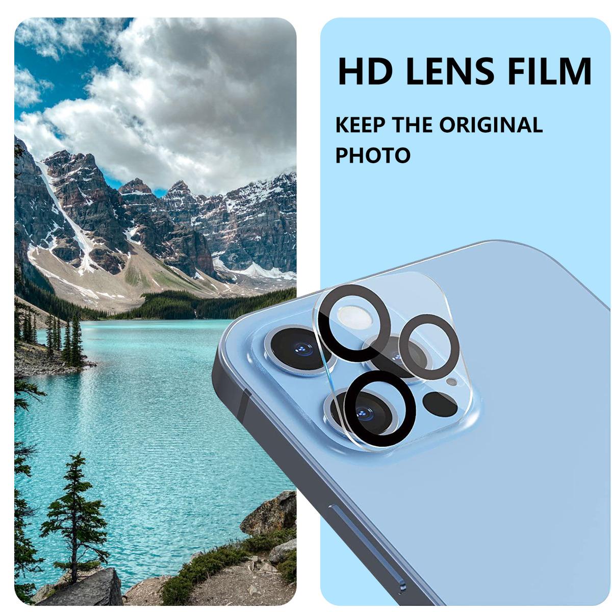 Das Bild zeigt einen Objektivschutz mit einem malerischen See und Bergen im Hintergrund. Der Text lautet 'HD LENS FILM' und 'KEEP THE ORIGINAL PHOTO'.