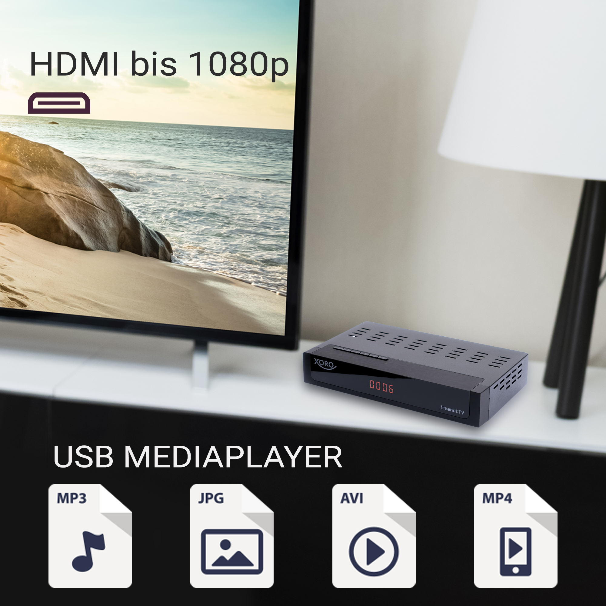 USB-Mediaplayer mit Fernseher und Dateisymbolen. Fernseher im Hintergrund.