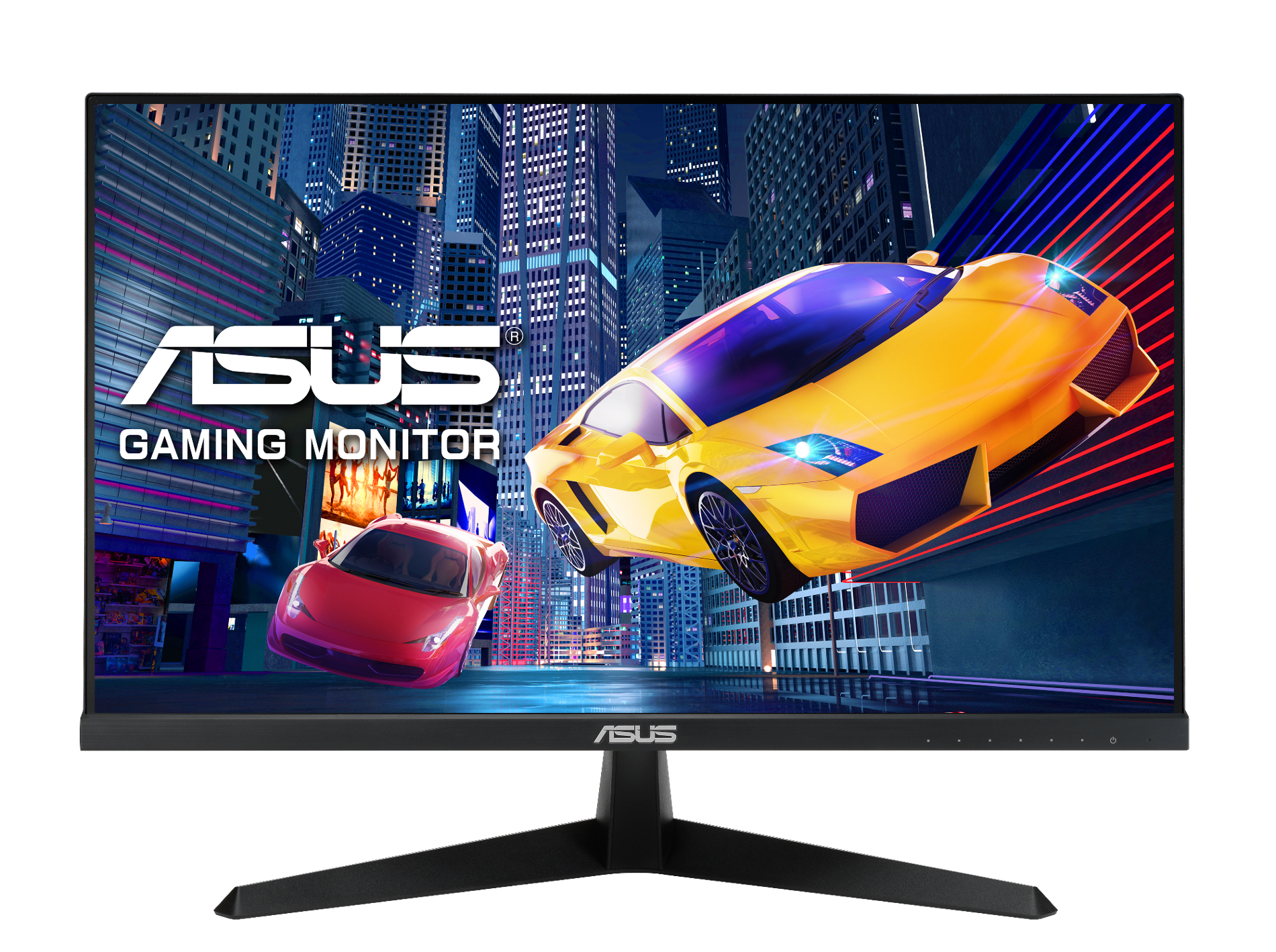 Monitor gamingowy ASUS wyświetlający krajobraz miejski z samochodami, w tym żółtym w powietrzu.