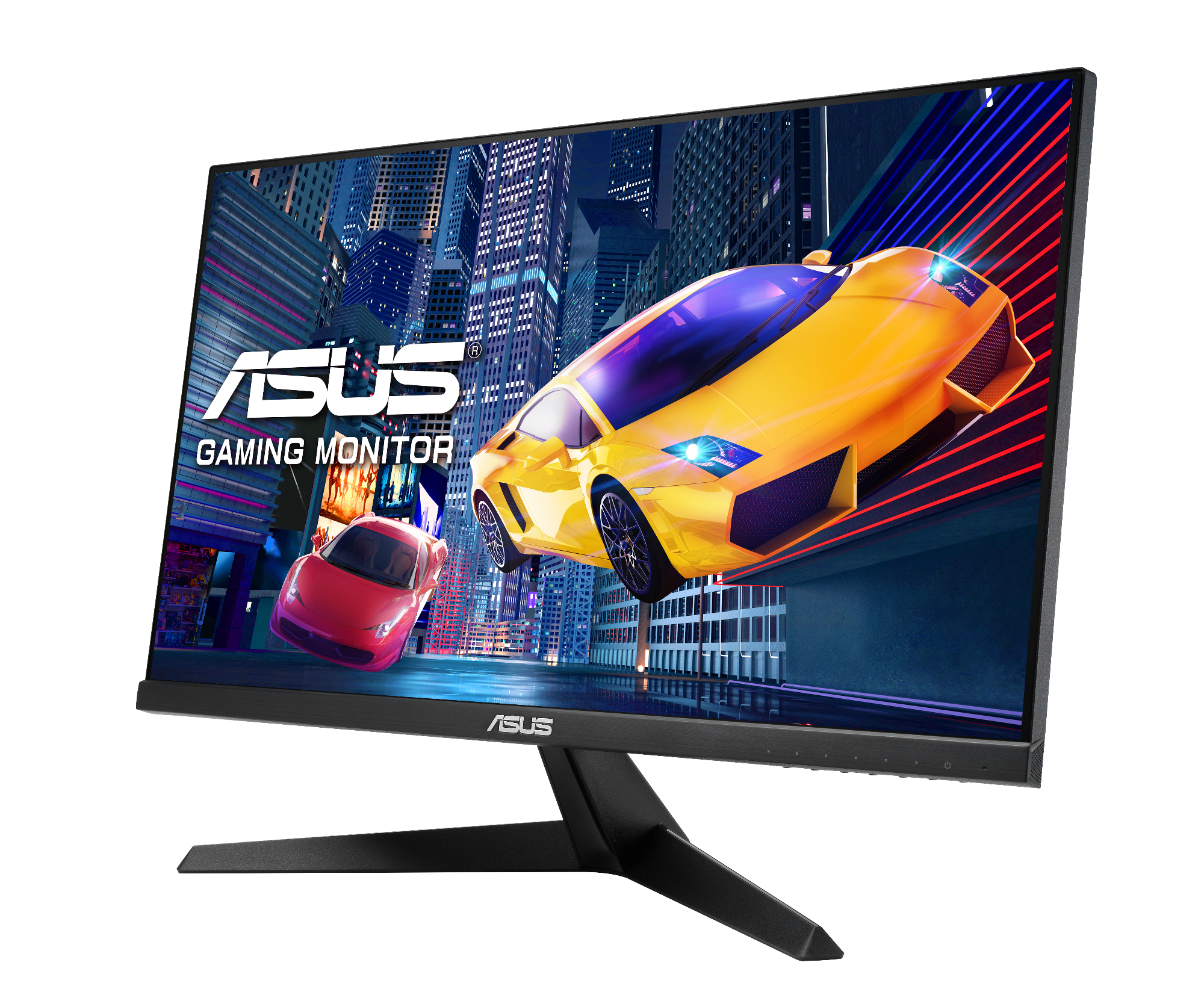 Monitor do gier ASUS wyświetlający grę wyścigową z dwoma samochodami, żółtym i czerwonym.