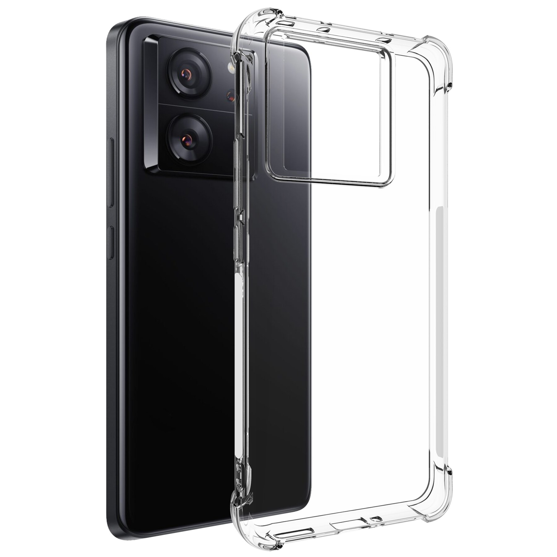 Schwarzes Telefon mit transparenter Hülle, Kamera sichtbar, auf weißem Hintergrund.