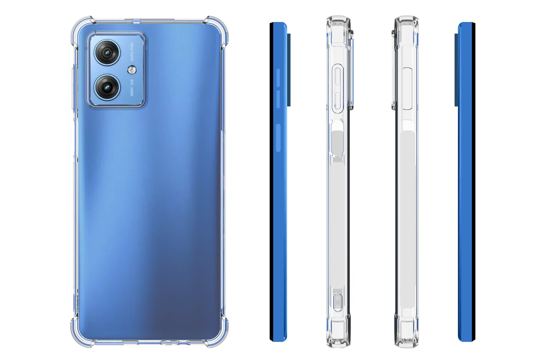 Blaues Smartphone in einer durchsichtigen Hülle. Mehrere Ansichten des Telefons, Rückseite, Seite und Vorderseite mit Tasten.