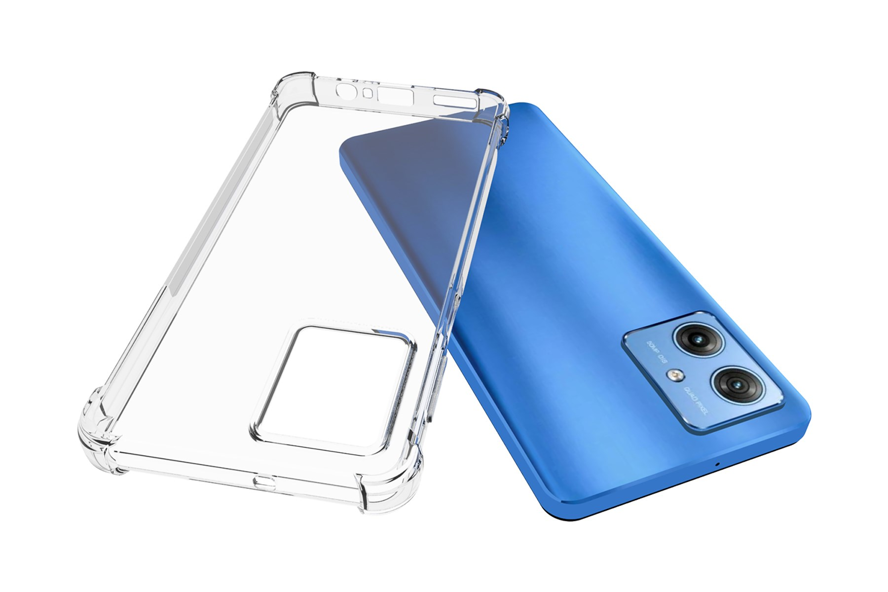Eine transparente Handyhülle neben einem blauen Telefon.