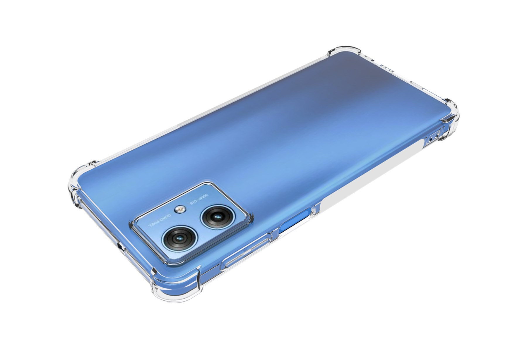 Ein Telefon in einer transparenten Hülle. Die Hülle hat verstärkte Ecken, auf weißem Grund.