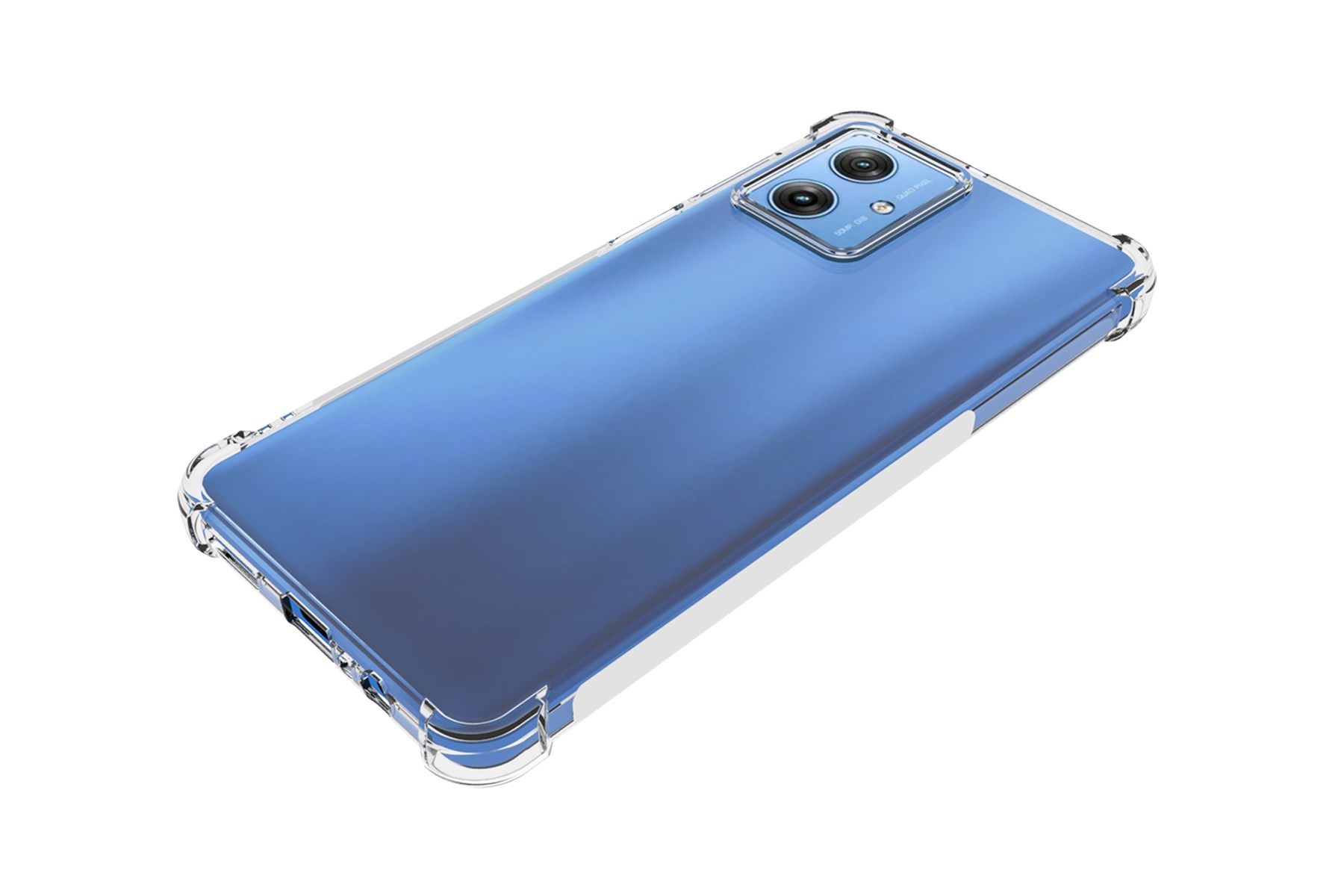 Ein blaues Smartphone in einer transparenten Schutzhülle. Die Hülle hat verstärkte Ecken und eine transparente Rückseite.