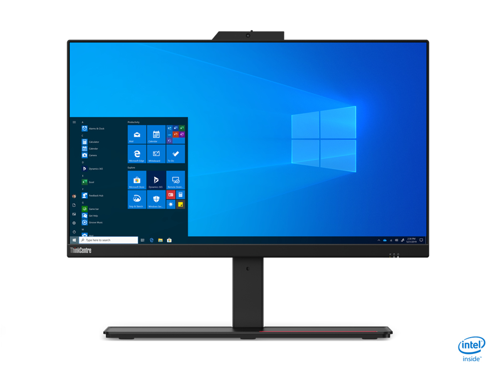ThinkCentre All-in-One-PC mit Windows-Desktop auf dem Bildschirm. Schwarzer Standfuß mit Webcam.