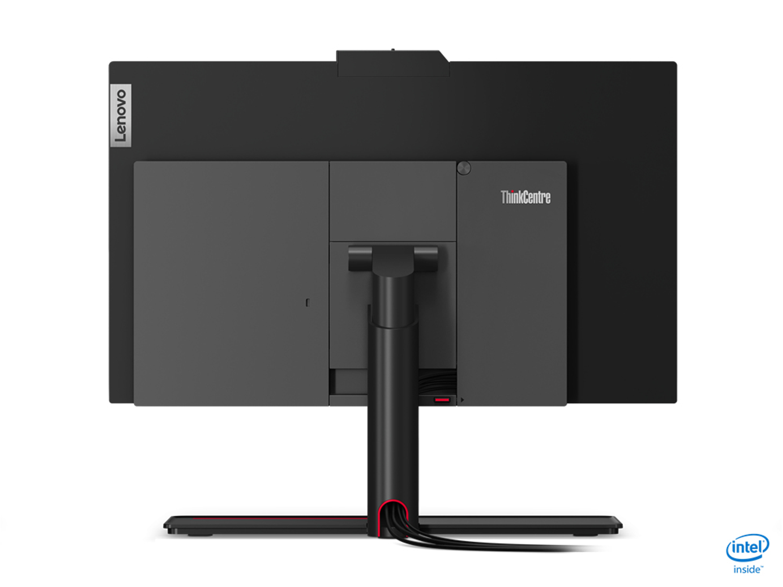 Rückansicht eines ThinkCentre All-in-One-PCs. Zeigt Lenovo-Logo, Anschlüsse und Ständer.
