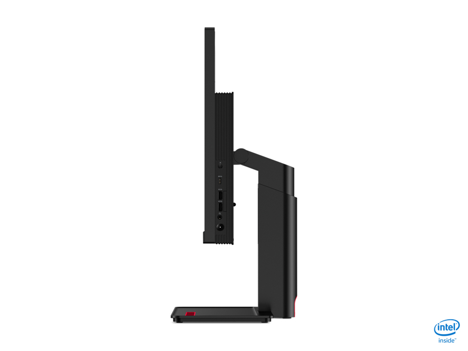 Seitenansicht eines schwarzen Lenovo ThinkCentre All-in-One-Computers.