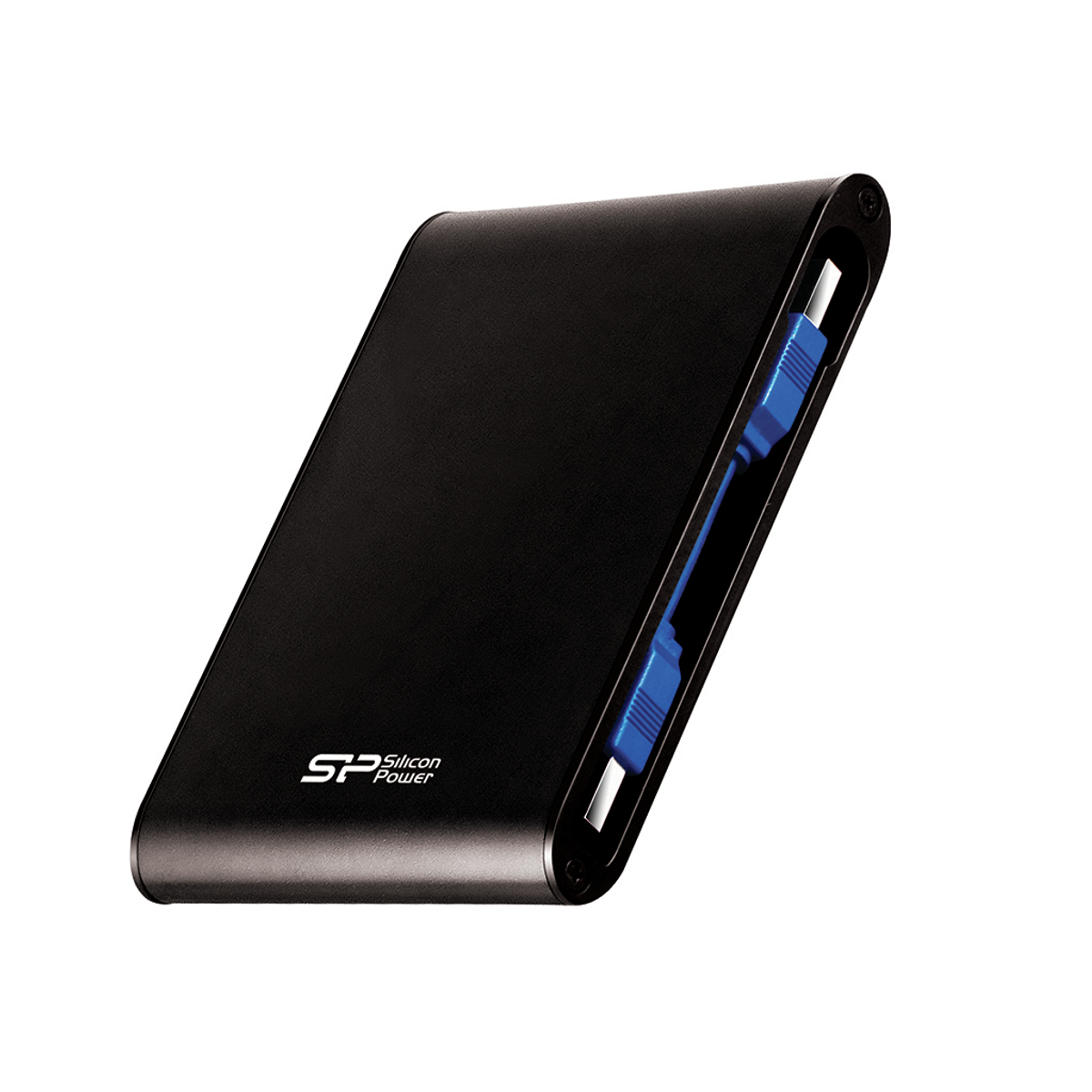 Disco rigido esterno nero con connettori USB blu. Il logo del marchio è visibile sul disco.