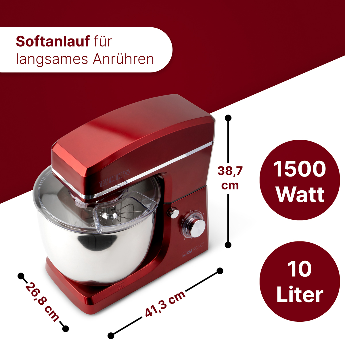 1500 3765 KM Küchenmaschine Rot CLATRONIC Liter, Watt) 10 (Rührschüsselkapazität: