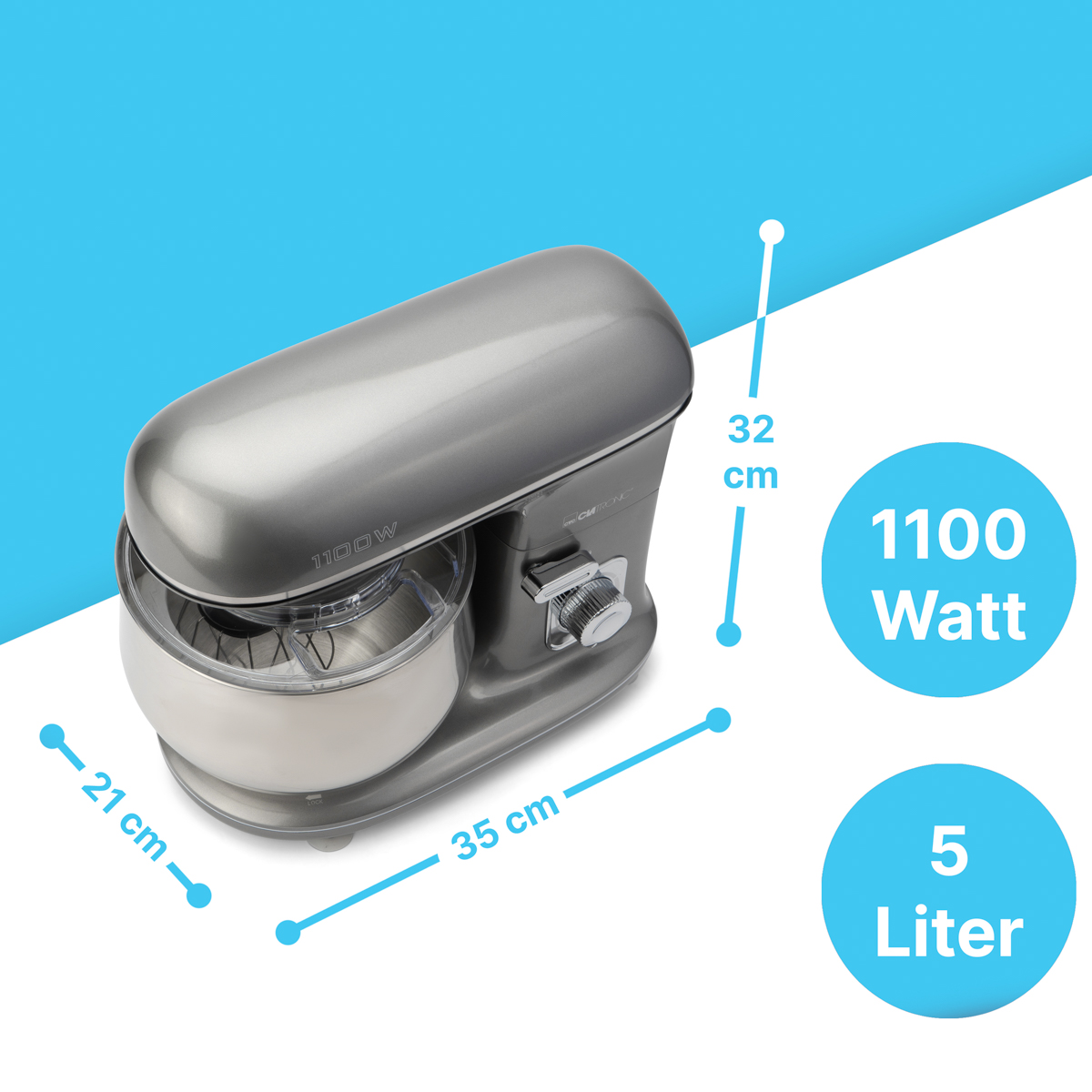 5 1100 CLATRONIC Watt) Grau Küchenmaschine KM Liter, 3712 (Rührschüsselkapazität: