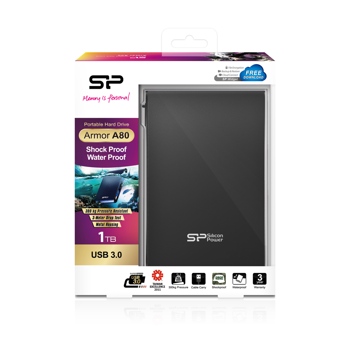 Disco rigido portatile nero nella sua scatola. La scatola è etichettata 'Armor A80' e 'USB 3.0'.