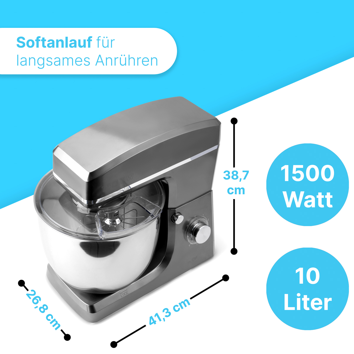 Grauer Küchenmixer mit Maßen von 38,7 cm, 41,3 cm und 26,8 cm.
