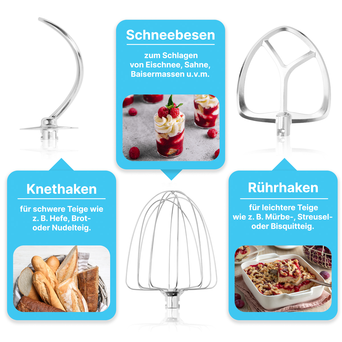 Mixer-Aufsätze mit Beschriftungen. Enthält Schneebesen, Knethaken und Rührhaken mit Beispielen.