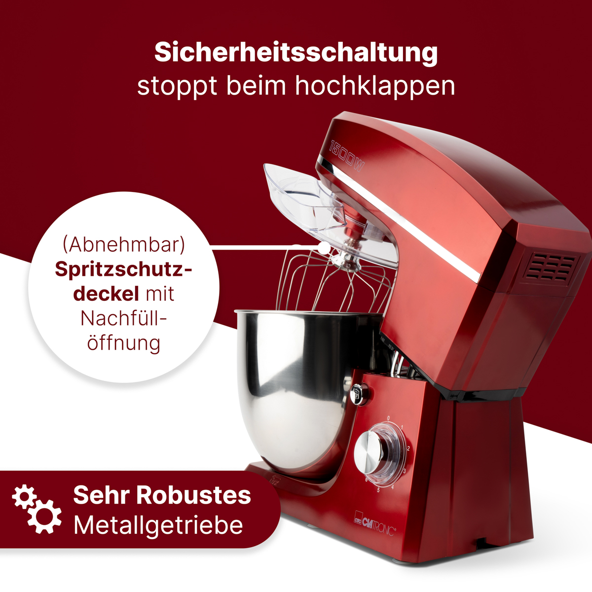 Czerwony mikser kuchenny z tekstem w języku niemieckim, ze stalową misą i przystawkami.