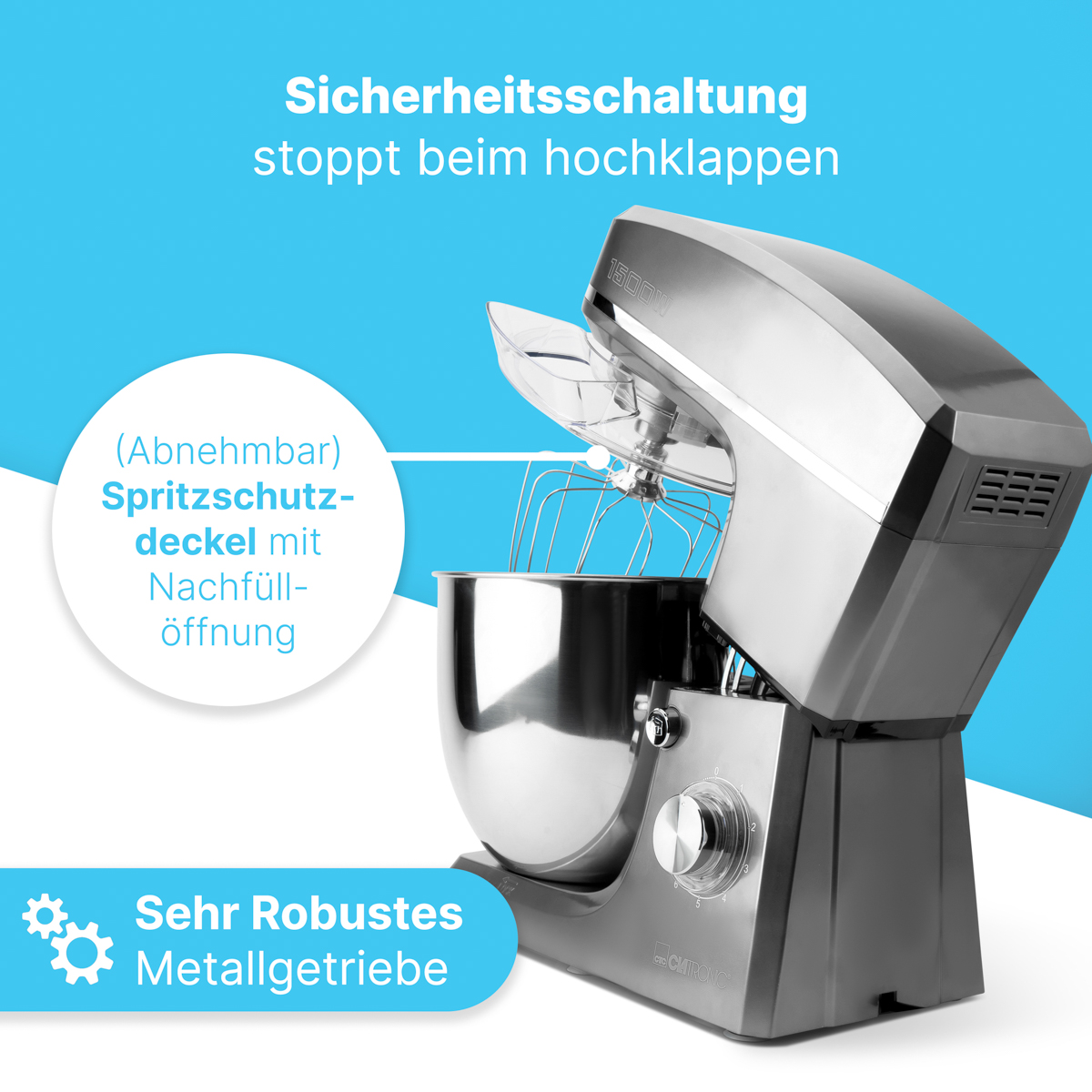 Ein silberner und schwarzer Küchenmixer mit Text auf Deutsch. Der Mixer ist vor blauem Hintergrund.