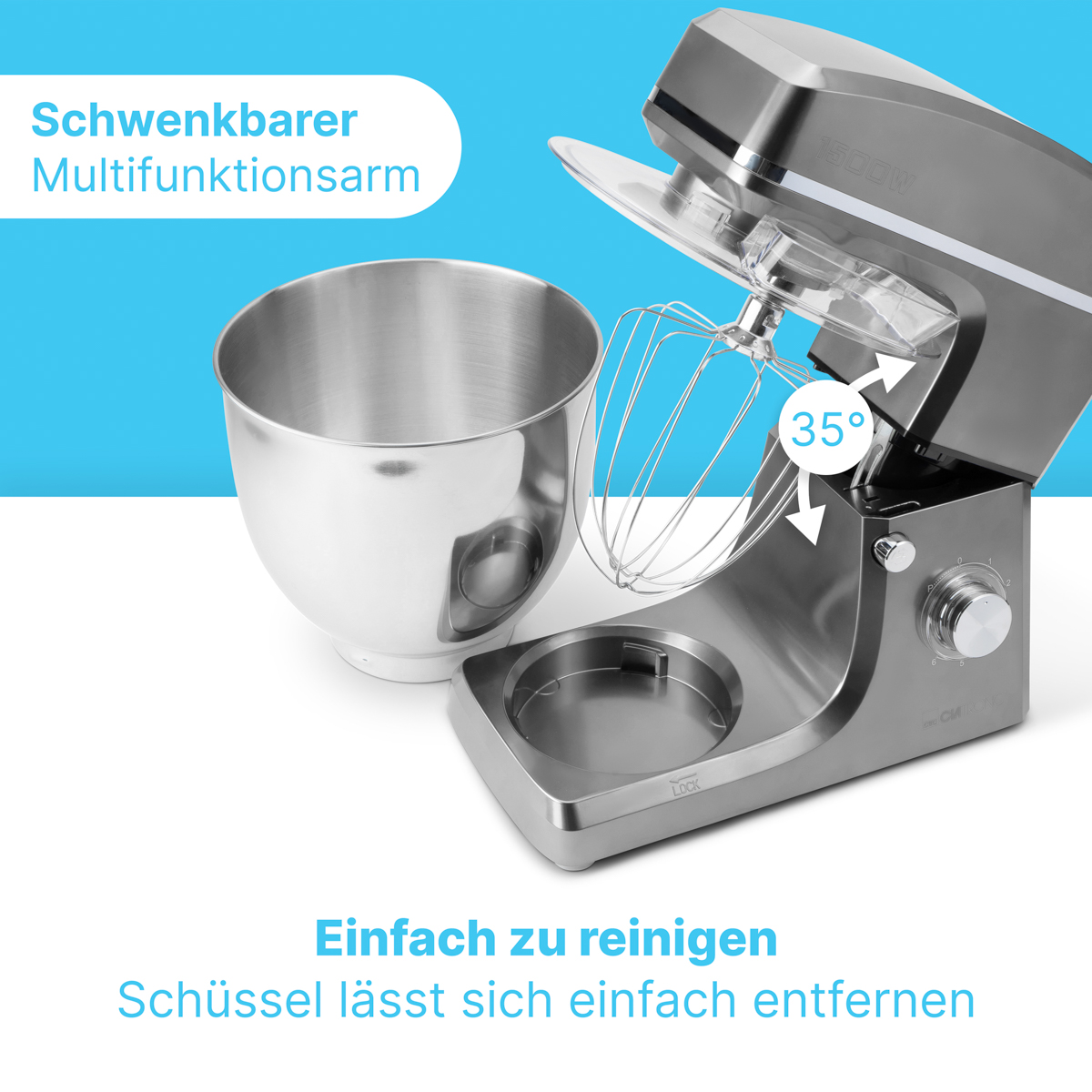Silberner Küchenmixer mit einer Schüssel, mit Nahaufnahme der Komponenten.