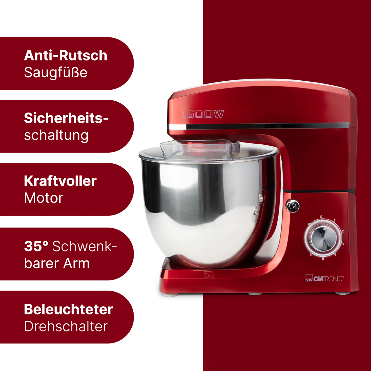 Czerwony mikser stojący z chromowaną misą. Białe i czerwone tło. Etykiety tekstowe.