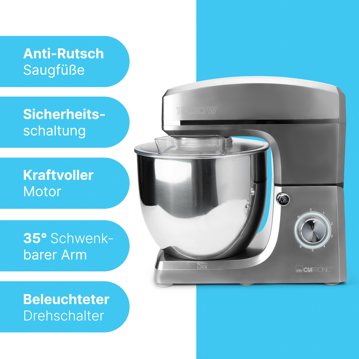 Ein grauer und silberner Küchenmixer mit Funktionen, die auf blauem Hintergrund aufgeführt sind.