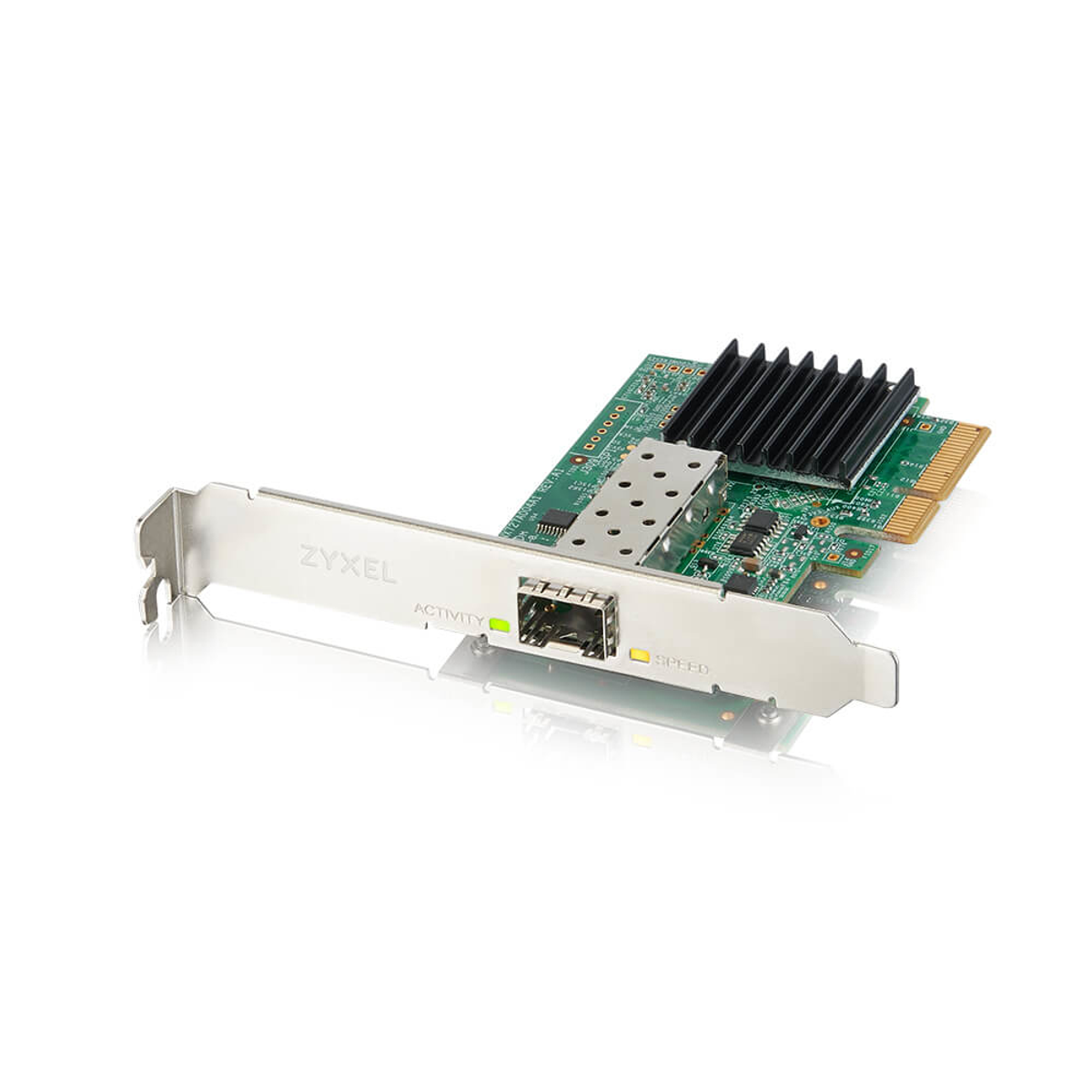 Scheda di rete ZyXEL. PCB verde con dissipatore nero, staffa argentata e luci di attività/velocità.