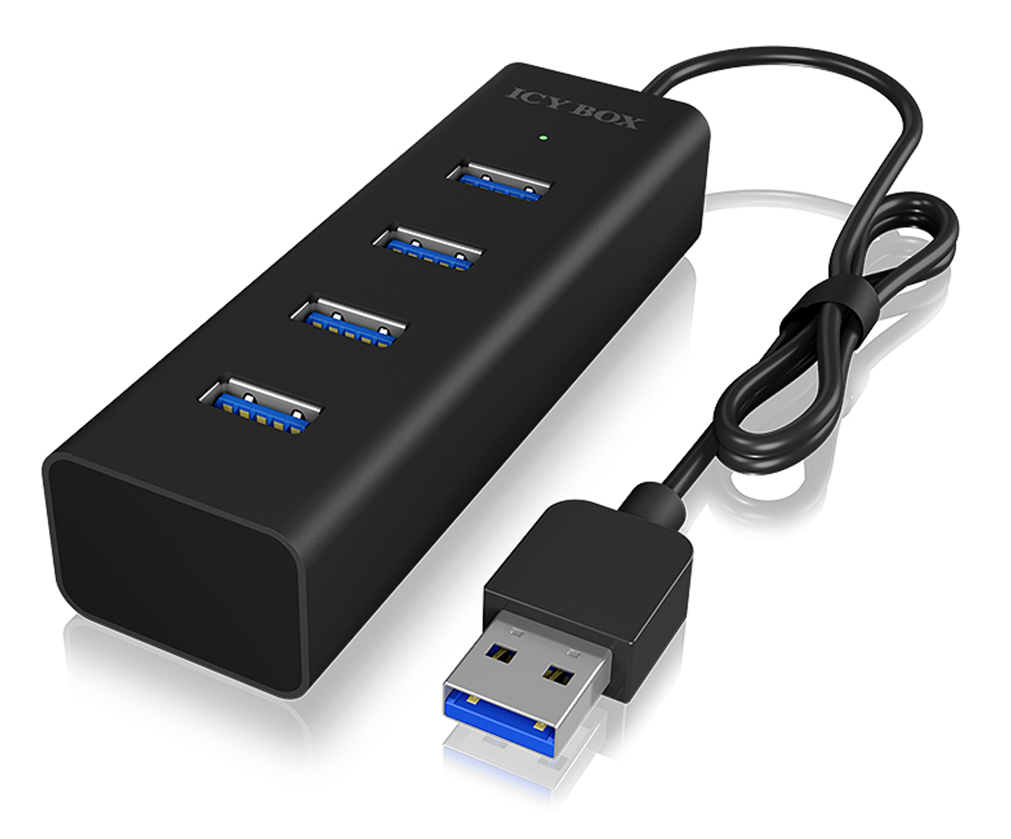 Un hub USB nero con quattro porte USB e un cavo USB.