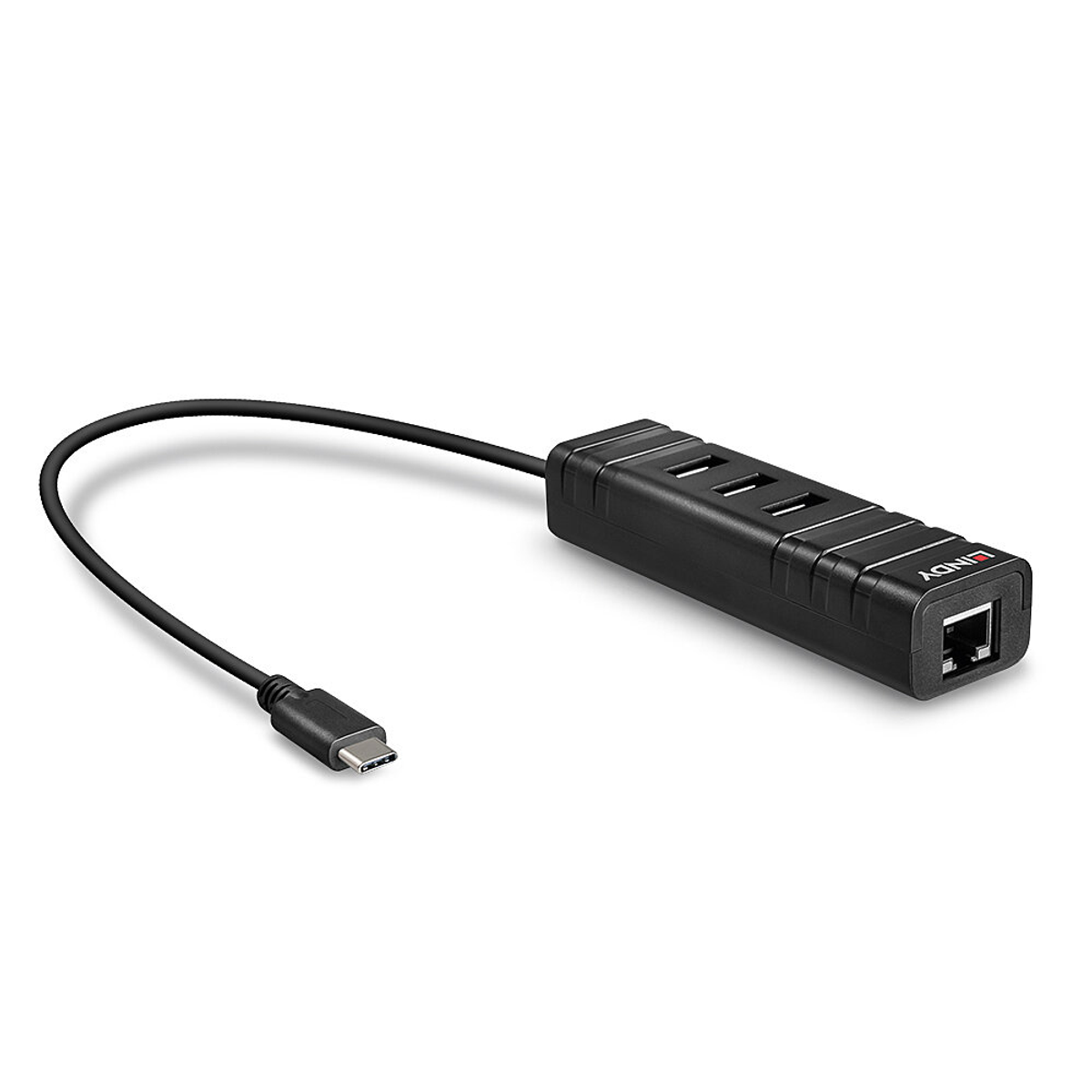 Schwarzer USB-C-Hub mit drei USB-Anschlüssen und einem Ethernet-Anschluss, verbunden mit einem Kabel.